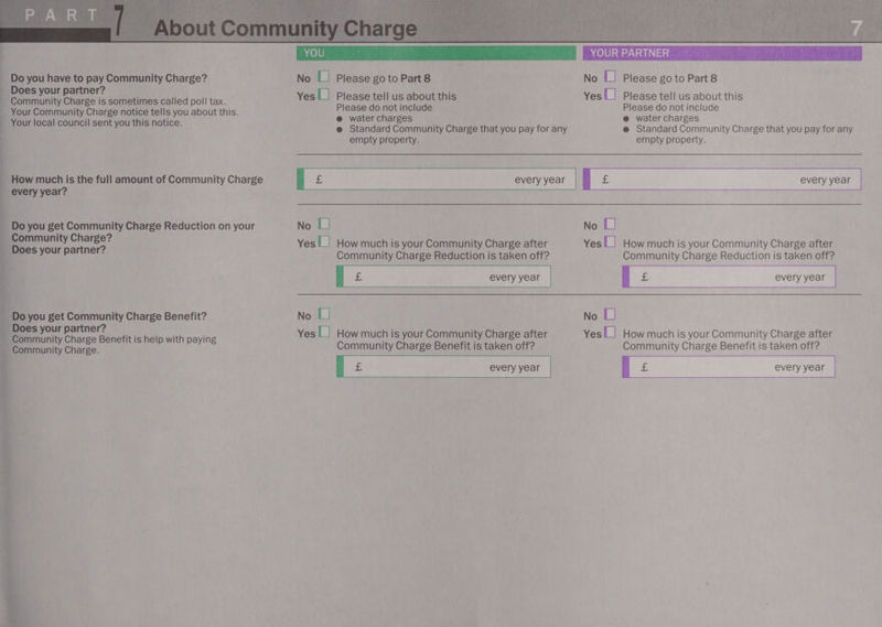   Do you have to pay Community Charge? _ Does your partner? Community Charge is sometimes called poll tax. - Your Community Charge notice tells you about this. Your local council sent you this notice. How much is the full amount of Community Charge every year? _ Do you get Community Charge Reduction on your ~ Community Charge? _ Does your partner? Do you get Community Charge Benefit? Does your partner? Community Charge Benefit is help with paying Community Charge.   ITV ee aoe ae pipes ag N : YOUR PARTNER No [| Please go to Part 8 No [| Please go to Part 8 Yes |_| Please tell us about this Yes |_| Please tell us about this Please do not include Please do not include @ water charges @ water charges @ Standard Community Charge that you pay for any e@ Standard Community Charge that you pay for any empty property. empty property.  No [| No L| Yes !_] How much is your Community Charge after Yes _| How much is your Community Charge after Community Charge Reduction is taken off? Community Charge Reduction is taken off? No [| No L} Yes |_| How much is your Community Charge after YesL| How much is your Community Charge after Community Charge Benefit is taken off? Community Charge Benefit is taken off?  