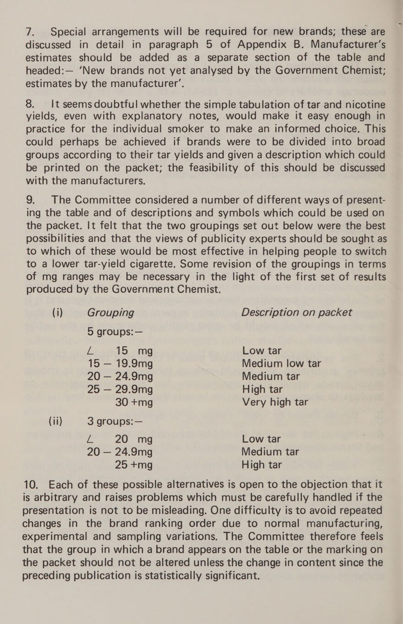 discussed in detail in paragraph 5 of Appendix B. Manufacturer's estimates should be added as a separate section of the table and headed:— ‘New brands not yet analysed by the Government Chemist; estimates by the manufacturer’. 8. It seems doubtful whether the simple tabulation of tar and nicotine yields, even with explanatory notes, would make it easy enough in practice for the individual smoker to make an informed choice. This could perhaps be achieved if brands were to be divided into broad groups according to their tar yields and given a description which could be printed on the packet; the feasibility of this should be discussed with the manufacturers. 9. The Committee considered a number of different ways of present- ing the table and of descriptions and symbols which could be used on the packet. It felt that the two groupings set out below were the best possibilities and that the views of publicity experts should be sought as to which of these would be most effective in helping people to switch to a lower tar-yield cigarette. Some revision of the groupings in terms of mg ranges may be necessary in the light of the first set of results produced by the Government Chemist. (i) Grouping Description on packet 5 groups:— iL. 15 mg Low tar 15 — 19.9mg Medium low tar 20 — 24.9mg Medium tar 25 — 29.9mg High tar 30 +mg Very high tar (ii) 3 groups: — a 20 mg Low tar 20 — 24.9mg Medium tar 25 +mg High tar 10. Each of these possible alternatives is open to the objection that it is arbitrary and raises problems which must be carefully handled if the presentation is not to be misleading. One difficulty is to avoid repeated changes in the brand ranking order due to normal manufacturing, experimental and sampling variations. The Committee therefore feeis that the group in which a brand appears on the table or the marking on the packet should not be altered unless the change in content since the preceding publication is statistically significant.