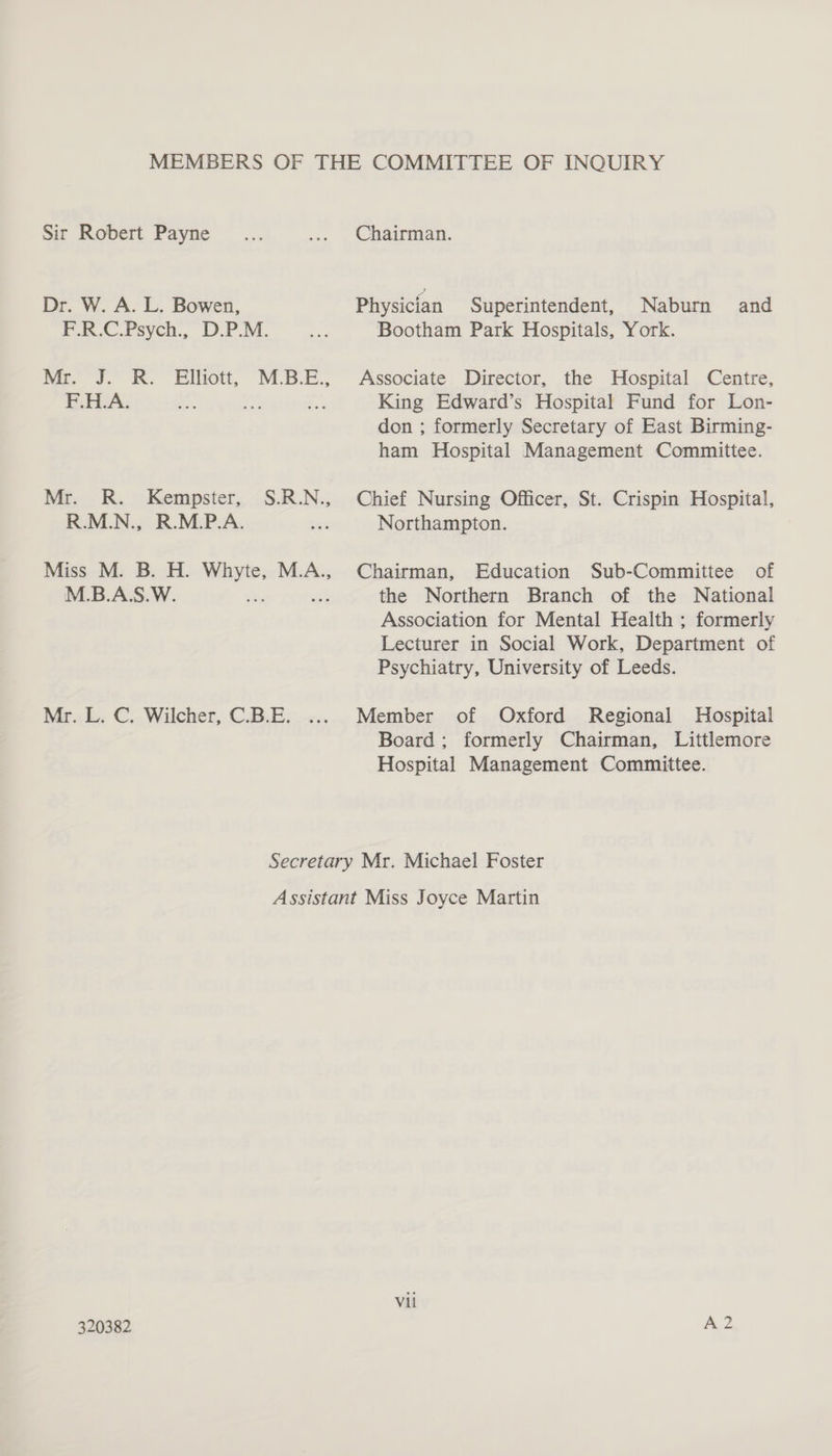 Sir Robert Payne Dr. W. A. L. Bowen, F.R.C.Psych., D.P.M. he. J. KR. Eliott, M-B-E., Mr. R.. Kempster, .-S.3.N., R.M.N., R.M.P.A. 6 Miss M. B. H. Whyte, M.A., M.B.A.S.W. sey wt Mr..L. C. Wilcher, C.B.E. Chairman. Physician Superintendent, Naburn and Bootham Park Hospitals, York. Associate Director, the Hospital Centre, King Edward’s Hospital Fund for Lon- don ; formerly Secretary of East Birming- ham Hospital Management Committee. Chief Nursing Officer, St. Crispin Hospital, Northampton. Chairman, Education Sub-Committee of the Northern Branch of the National Association for Mental Health ; formerly Lecturer in Social Work, Department of Psychiatry, University of Leeds. Member of Oxford Regional Hospital Board; formerly Chairman, Littlemore Hospital Management Committee. 320382 Vil A2