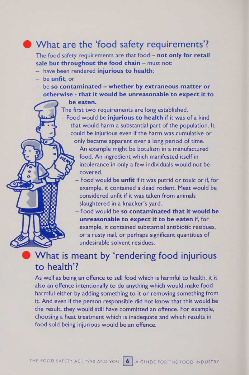 @ What are the ‘food safety requirements’? The food safety requirements are that food — not only for retail sale but throughout the food chain — must not: — have been rendered injurious to health; — be unfit; or — be so contaminated — whether by extraneous matter or otherwise - that it would be unreasonable to expect it to be eaten. The first two requirements are long established. _ — Food would be injurious to health if it was of a kind that would harm a substantial part of the population. It could be injurious even if the harm was cumulative or only became apparent over a long period of time. An example might be botulism in a manufactured food. An ingredient which manifested itself in intolerance in only a few individuals would not be covered. — Food would be unfit if it was putrid or toxic or if, for example, it contained a dead rodent. Meat would be considered unfit if it was taken from animals slaughtered in a knacker’s yard. — Food would be so contaminated that it would be unreasonable to expect it to be eaten if, for example, it contained substantial antibiotic residues, Sas or a rusty nail, or perhaps significant quantities of a undesirable solvent residues.     s What is meant by ‘rendering food injurious to health’? As well as being an offence to sell food which is harmful to health, it is also an offence intentionally to do anything which would make food harmful either by adding something to it or removing something from it. And even if the person responsible did not know that this would be the result, they would still have committed an offence. For example, choosing a heat treatment which is inadequate and which results in food sold being injurious would be an offence.