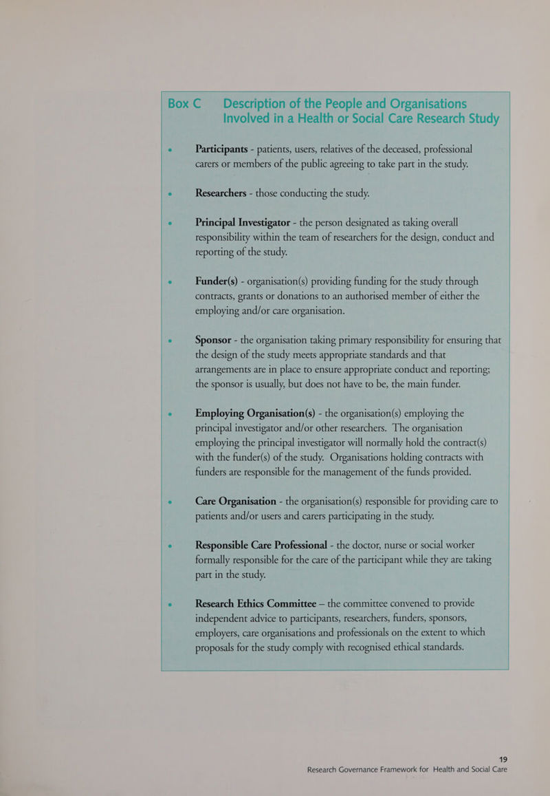 | Box C Description of the People and Organisations | Involved in a Health or Social Care Research Study e Participants - patients, users, relatives of the deceased, professional carers or members of the public agreeing to take part in the study. e Researchers - those conducting the study. a Principal Investigator - the person designated as taking overall responsibility within the team of researchers for the design, conduct and reporting of the study. e Funder(s) - organisation(s) providing funding for the study through contracts, grants or donations to an authorised member of either the employing and/or care organisation. ° Sponsor - the organisation taking primary responsibility for ensuring that the design of the study meets appropriate standards and that arrangements are in place to ensure appropriate conduct and reporting; the sponsor is usually, but does not have to be, the main funder. ° Employing Organisation(s) - the organisation(s) employing the principal investigator and/or other researchers. The organisation employing the principal investigator will normally hold the contract(s) with the funder(s) of the study. Organisations holding contracts with funders are responsible for the management of the funds provided. s Care Organisation - the organisation(s) responsible for providing care to patients and/or users and carers participating in the study. ° Responsible Care Professional - the doctor, nurse or social worker formally responsible for the care of the participant while they are taking part in the study. ° Research Ethics Committee — the committee convened to provide independent advice to participants, researchers, funders, sponsors, employers, care organisations and professionals on the extent to which proposals for the study comply with recognised ethical standards. 19