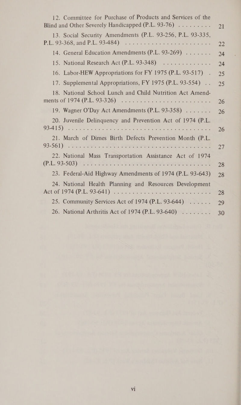 Blind and Other Severely Handicapped (P.L. 93-76) ......... 13. Social Security Amendments (P.L. 93-256, P.L. 93-335, Pal. 93-368 and PL. GS ASAY sonia 2 Oe ee ee 14. General Education Amendments (P.L. 93-269) ....... 15. National Research Act (P-L. 93-343) 2.2. 7..5754..- 16. Labor-HEW Appropriations for FY 1975 (P.L. 93-517) 17. Supplemental Appropriations, FY 1975 (P.L. 93-554) .. 18. National School Lunch and Child Nutrition Act Amend- ments OF O74 (PE, O33 26). sb ik ee ae ee 19. Wagner O’Day Act Amendments (P.L. 93-358) ....... 20. Juvenile Delinquency and Prevention Act of 1974 (P.L. DSA SNe mica w rhe wee A Bro eas. Od eC, eS ee 21. March of Dimes Birth Defects Prevention Month (P.L. 93°3561)) . ite: Ret, ba, Snes ome: ela 22. National Mass Transportation Assistance Act of 1974 (P.1..'93-503)).7 oe .2 8 ee BO eee. Rete aoe 23. Federal-Aid Highway Amendments of 1974 (P.L. 93-643) 24. National Health Planning and Resources Development Act OR VOTA CP TAOS OAD) loss ce ate aoe ws nena wi noe a 25. Community Services Act of 1974 (P.L. 93-644) ...... 26. National Arthritis Act of 1974 (P.L. 93-640) ........ Vi