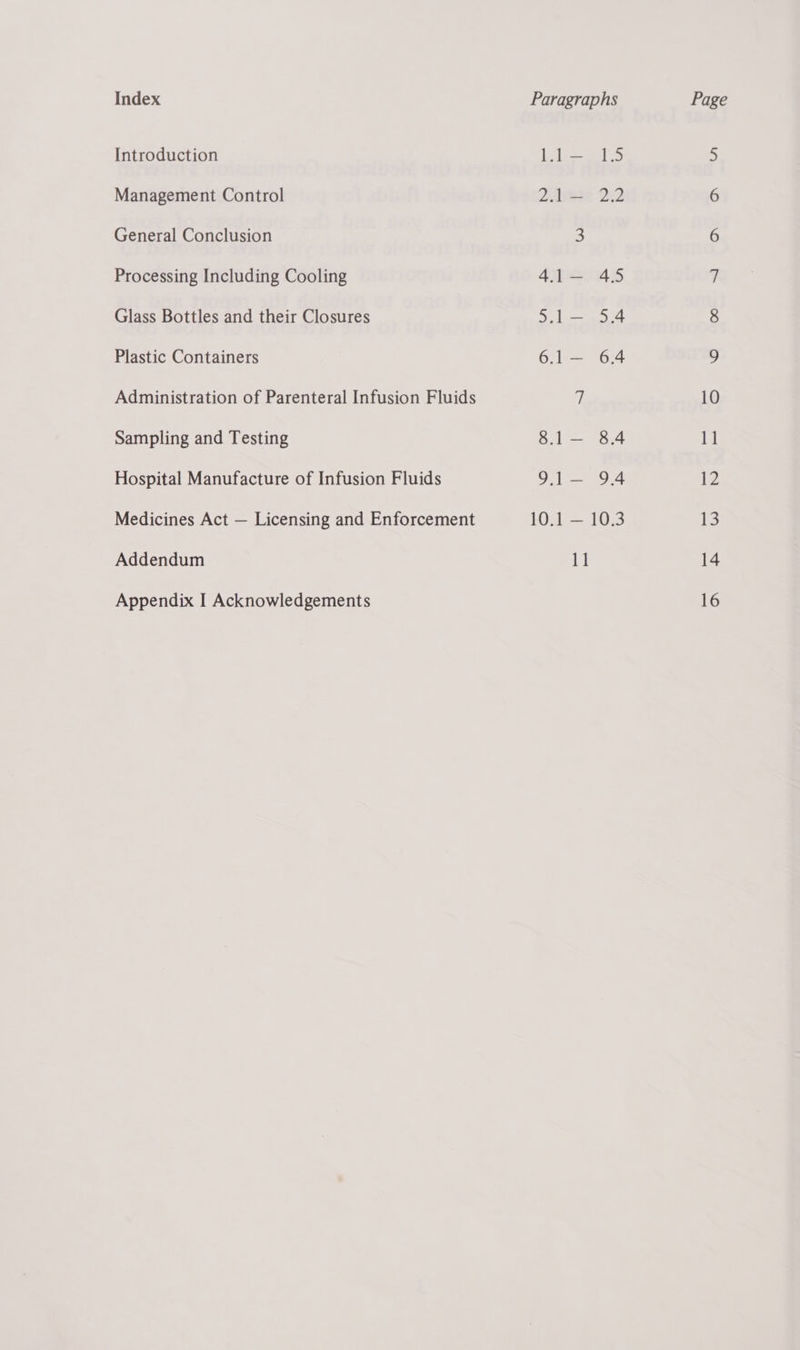 Index Management Control General Conclusion Processing Including Cooling Glass Bottles and their Closures Plastic Containers Administration of Parenteral Infusion Fluids Sampling and Testing Hospital Manufacture of Infusion Fluids Medicines Act — Licensing and Enforcement Addendum Paragraphs 2uivete 232 3 4.1— 4.5 S.1— 5.4 6.1— 6.4 y! 8.1— 8.4 91-— 9.4 10.1 — 10.3 1] Page