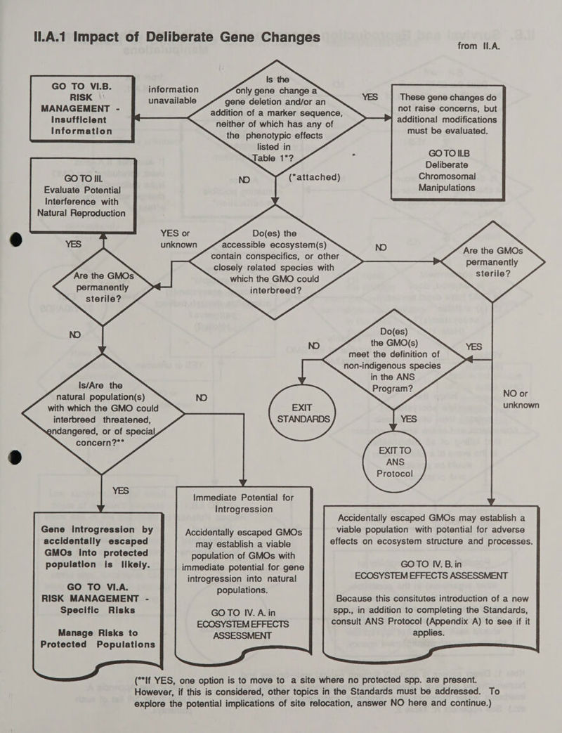 GO TO VI.B. RISK | Insufficient Information GOTO lll. Evaluate Potential Interference with Natural Reproduction Are the GMOs permanently sterile? Is/Are the natural population(s) with which the GMO could interbreed threatened, endangered, or of special concern?** Gene introgression by accidentally escaped GMOs Into protected population is likely. GO TO VI.A. RISK MANAGEMENT - Specific Risks Manage Risks to Protected Populations only gene change a gene deletion and/or an the phenotypic effects listed in JTable 1*? YES or unknown Do(es) the accessible ecosystem(s) which the GMO could interbreed? EXIT Immediate Potential for introgression Accidentally escaped GMOs may establish a viable population of GMOs with immediate potential for gene GOTO IV. A. in ECOSYSTEM EFFECTS ASSESSMENT from IIA. = GOTOILB Deliberate Chromosomal Manipulations Are the GMOs permanently sterile? Do(es) the GMO(s) meet the definition of non-indigenous species in the ANS Program? NO or unknown EXIT TO ANS Protocol Accidentally escaped GMOs may establish a viable population with potential for adverse effects on ecosystem structure and processes. GOTO IV. B. in ECOSYSTEM EFFECTS ASSESSMENT Because this consitutes introduction of a new spp., in addition to completing the Standards, consult ANS Protocol (Appendix A) to see if it applies.