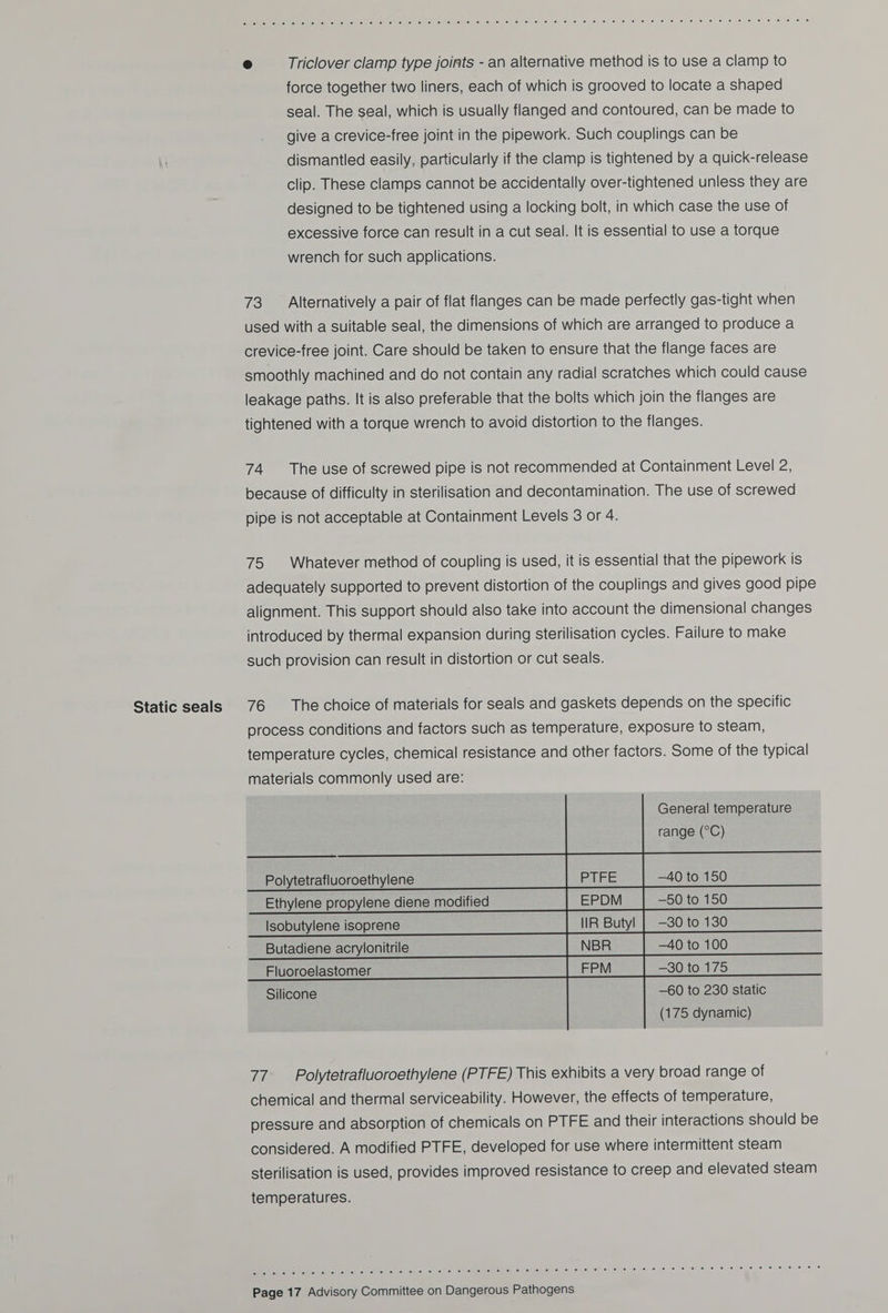 Static seals ULCER OT oeoaistk ei oiiel ‘stileln.e) Left i=litel [oleh ed op toluzeute) |e! collie, (6ire) (6) el) 10) “ol e's) ei 6) fe: 0; Je) (ele. ei ce 6) (0, fe: je ie) je :0; © fe e- 'e) ie) :6 10) 56 e Triclover clamp type joints - an alternative method is to use a clamp to force together two liners, each of which is grooved to locate a shaped seal. The seal, which is usually flanged and contoured, can be made to give a crevice-free joint in the pipework. Such couplings can be dismantled easily, particularly if the clamp is tightened by a quick-release clip. These clamps cannot be accidentally over-tightened unless they are designed to be tightened using a locking bolt, in which case the use of excessive force can result in a cut seal. It is essential to use a torque wrench for such applications. 73 Alternatively a pair of flat flanges can be made perfectly gas-tight when used with a suitable seal, the dimensions of which are arranged to produce a crevice-free joint. Care should be taken to ensure that the flange faces are smoothly machined and do not contain any radial scratches which could cause leakage paths. It is also preferable that the bolts which join the flanges are tightened with a torque wrench to avoid distortion to the flanges. 74. Theuse of screwed pipe is not recommended at Containment Level 2, because of difficulty in sterilisation and decontamination. The use of screwed pipe is not acceptable at Containment Levels 3 or 4. 75 Whatever method of coupling is used, it is essential that the pipework is adequately supported to prevent distortion of the couplings and gives good pipe alignment. This support should also take into account the dimensional changes introduced by thermal expansion during sterilisation cycles. Failure to make such provision can result in distortion or cut seals. 76 The choice of materials for seals and gaskets depends on the specific process conditions and factors such as temperature, exposure to steam, temperature cycles, chemical resistance and other factors. Some of the typical materials commonly used are: General temperature range (°C) Ethylene propylene diene modified —50 to 150 Isobutylene isoprene —30 to 130 Butadiene acrylonitrile —40 to 100 Fluoroelastomer —30 to 175 Silicone —60 to 230 static (175 dynamic) 77 Polytetrafluoroethylene (PTFE) This exhibits a very broad range of chemical and thermal serviceability. However, the effects of temperature, pressure and absorption of chemicals on PTFE and their interactions should be considered. A modified PTFE, developed for use where intermittent steam sterilisation is used, provides improved resistance to creep and elevated steam temperatures. Pr a-ha ctl cect od oft oY ols) oh ion ol (of to) olyeMoMe MU Glsoy (of Lael ot is)ii61-9h 0] (OF 0) (0) 0/16) (6) (60), .0, eC 10) le (ej (eye 8 8) [011% (0 0: @