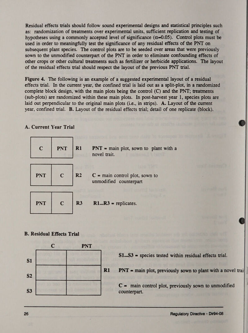 Residual effects trials should follow sound experimental designs and statistical principles such as: randomization of treatments over experimental units, sufficient replication and testing of hypotheses using a commonly accepted level of significance (a=0.05). Control plots must be used in order to meaningfully test the significance of any residual effects of the PNT on subsequent plant species. The control plots are to be seeded over areas that were previously sown to the unmodified counterpart of the PNT in order to eliminate confounding effects of other crops or other cultural treatments such as fertilizer or herbicide applications. The layout of the residual effects trial should respect the layout of the previous PNT tial. Figure 4. The following is an example of a suggested experimental layout of a residual effects trial. In the current year, the confined trial is laid out as a split-plot, in a randomized complete block design, with the main plots being the control (C) and the PNT; treatments (sub-plots) are randomized within these main plots. In post-harvest year 1, species plots are laid out perpendicular to the original main plots (i.e., in strips). A. Layout of the current year, confined trial. B. Layout of the residual effects trial; detail of one replicate (block). A. Current Year Trial PNT = main plot, sown to plant with a novel trait. C = main control plot, sown to unmodified counterpart  R1...R3 = replicates.  B. Residual Effects Trial  C PNT S1...83 = species tested within residual effects trial. S1 R1 ‘PNT = main plot, previously sown to plant with a novel trail | S2 C= main control plot, previously sown to unmodified S3 counterpart. 