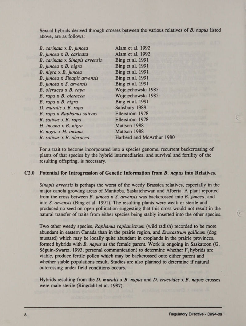 Sexual hybrids derived through crosses between the various relatives of B. napus listed above, are as follows: B. carinata x B. juncea Alam et al. 1992 B. juncea x B. carinata Alam et al. 1992 B. carinata x Sinapis arvensis Bing et al. 1991 B. juncea x B. nigra Bing et al. 1991 B. nigra x B. juncea Bing et al. 1991 B. juncea x Sinapis arvensis Bing et al. 1991 B. juncea x S. arvensis Bing et al. 1991 B. oleracea x B. rapa Wojciechowski 1985 B. rapa x B. oleracea Wojciechowski 1985 B. rapa x B. nigra Bing et al. 1991 D. muralis x B. rapa Salisbury 1989 B. rapa x Raphanus sativus Ellerstrém 1978 R. sativus x B. rapa Ellerstrém 1978 H. incana x B. nigra Mattson 1988 B. nigra x H. incana Mattson 1988 R. sativus x B. oleracea Harberd and McArthur 1980 For a trait to become incorporated into a species genome, recurrent backcrossing of plants of that species by the hybrid intermediaries, and survival and fertility of the resulting offspring, is necessary. Sinapis arvensis is perhaps the worst of the weedy Brassica relatives, especially in the major canola growing areas of Manitoba, Saskatchewan and Alberta. A plant reported from the cross between B. juncea x S. arvensis was backcrossed into B. juncea, and into S. arvensis (Bing et al. 1991). The resulting plants were weak or sterile and produced no seed on open pollination suggesting that this cross would not result in the natural transfer of traits from either species being stably inserted into the other species. Two other weedy species, Raphanus raphanistrum (wild radish) recorded to be more abundant in eastern Canada than in the prairie region, and Erucastrum gallicum (dog mustard) which may be locally quite abundant in croplands in the prairie provinces, formed hybrids with B. napus as the female parent. Work is ongoing in Saskatoon (G. Séguin-Swartz, 1993, personal communication) to determine whether F, hybrids are viable, produce fertile pollen which may be backcrossed onto either parent and whether stable populations result. Studies are also planned to determine if natural outcrossing under field conditions occurs. Hybrids resulting from the D. muralis x -B. napus and D. erucoides x B. napus crosses were male sterile (Ringdahl et al. 1987).