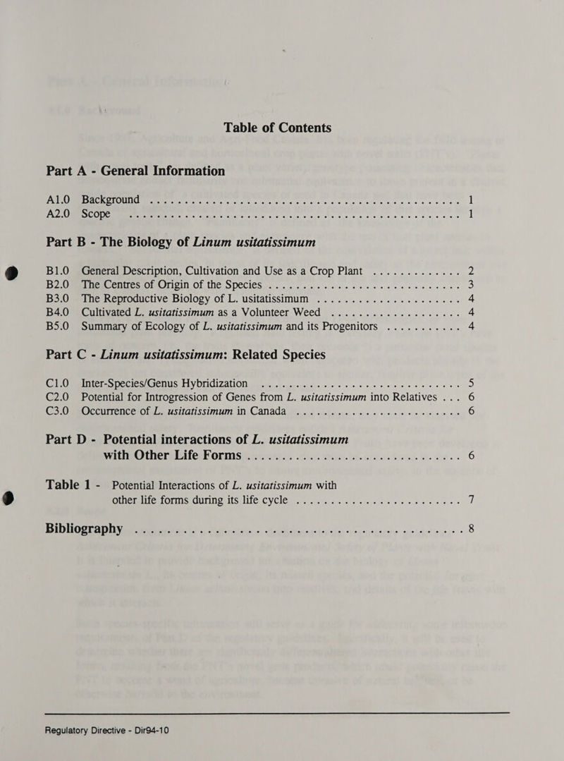 Table of Contents Part A - General Information IMA SISMhe 5 otk co cM Oe So Ramee gg eae a earl e aan aera Part B - The Biology of Linum usitatissimum B1.0 General Description, Cultivation and Use as a Crop Plant ............. omen COTE none igi OF tC SPCClGSo. . cig tw cls ts ee ees hee ce ees Boge nc Reprocuctive Biology of-L, usitatissimum ©. ......5..0.e68.0000% B40 eeCulivated Lo usivanssimum as a Volunteer Weed 2... 6... see es es ee B5.0 Summary of Ecology of L. usitatissimum and its Progenitors ........... Part C - Linum usitatissimum: Related Species Tmt eS DOC Se NUS EEVDTICIZANON saikastsacteYys cis so ss es ee he he eee C2.0 Potential for Introgression of Genes from L. usitatissimum into Relatives ... eo CCT CCE Olas A TESUIGUSSITNUUMNI. 11), CAN AGA wee n.d ohcLovees. doe. 0) 000) 0: 0. oysnsces suc Part D - Potential interactions of L. usitatissimum WitnvO therbitife: Formsiitersrs see. Weis beooels ve he. - Table 1 - Potential Interactions of L. usitatissimum with PRC MMIRGRLOMIO CUIIN Gets C CYCICier 4 <1: sis 1o's slave cols Sco 6a es os DS UO Goel Ae Bak hs ecarinareis wivinieliosce + 