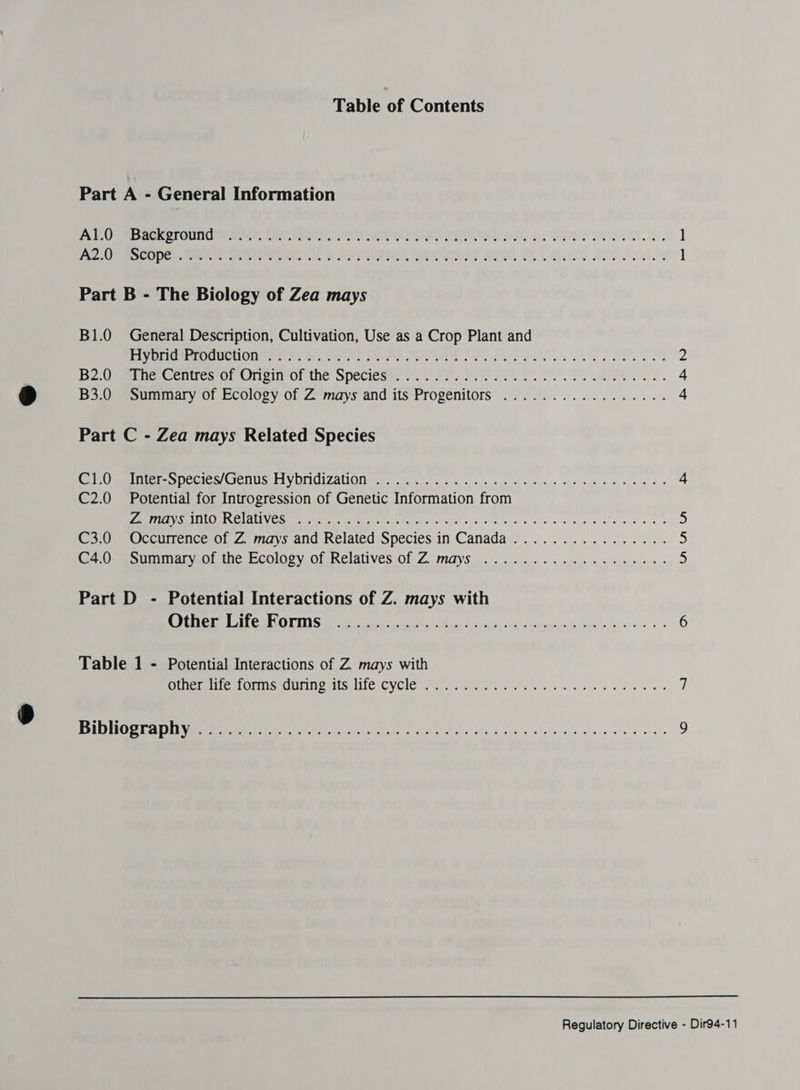 Table of Contents Part A - General Information Part B - The Biology of Zea mays B1.0 General Description, Cultivation, Use as a Crop Plant and Part C - Zea mays Related Species C2.0 Potential for Introgression of Genetic Information from Part D - Potential Interactions of Z. mays with Table 1 - Potential Interactions of Z. mays with
