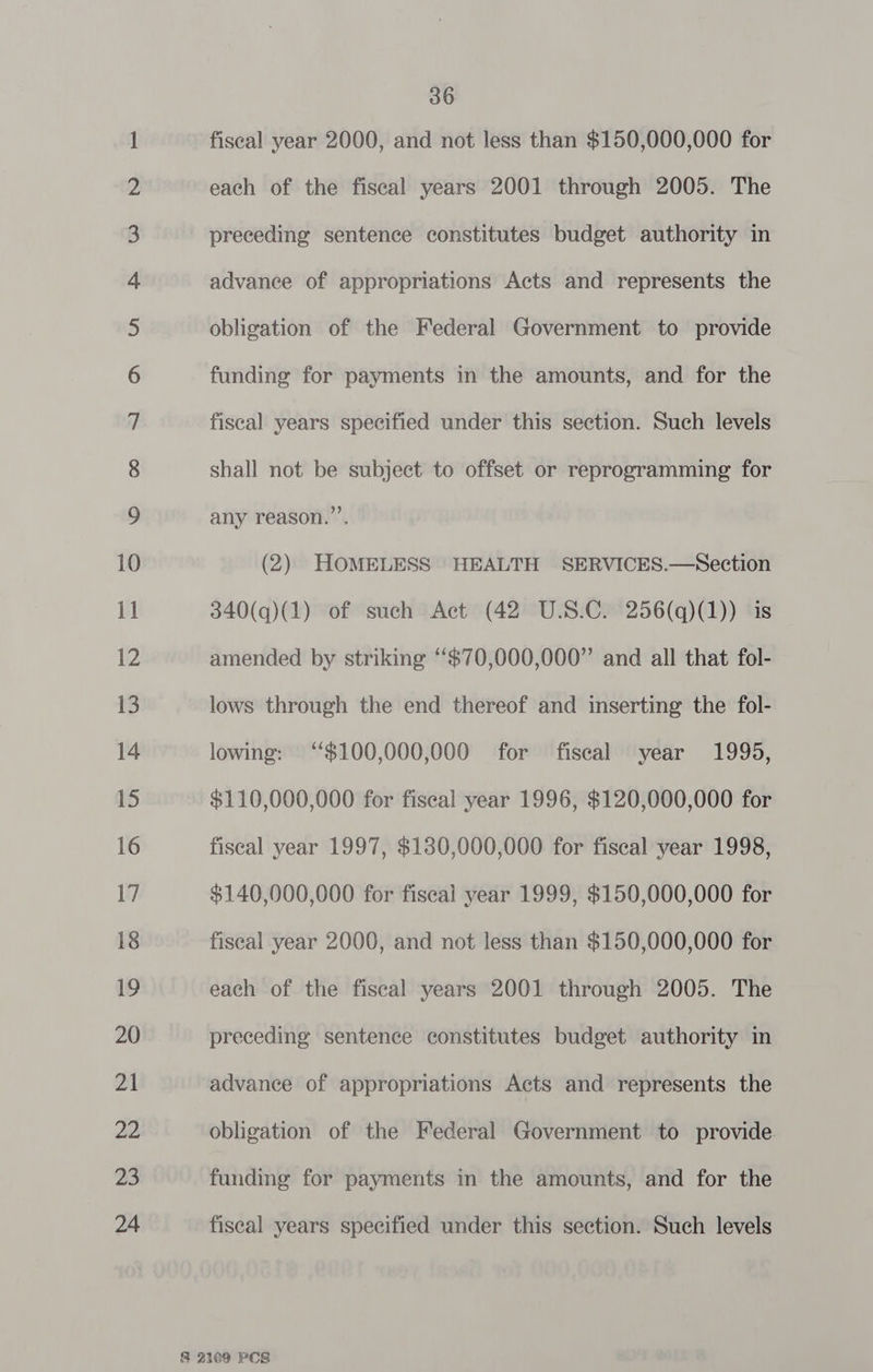 NO NO NO DN HNO mm tee ff WN Ke CO DO DOH KH Uo fF WHO NY KK CO 36 fiscal year 2000, and not less than $150,000,000 for each of the fiscal years 2001 through 2005. The shall not be subject to offset or reprogramming for any reason.’’. (2) HOMELESS HEALTH SERVICES.—Section 340(q)(1) of such Act (42 U.S.C. 256(q)(1)) is amended by striking ‘‘$70,000,000” and all that fol- lows through the end thereof and inserting the fol- lowing: ‘“$100,000,000 for fiscal year 1995, $110,000,000 for fiscal year 1996, $120,000,000 for fiscal year 1997, $130,000,000 for fiscal year 1998, $140,000,000 for fiscal year 1999, $150,000,000 for fiscal year 2000, and not less than $150,000,000 for each of the fiseal years 2001 through 2005. The preceding sentence constitutes budget authority in advance of appropriations Acts and represents the obligation of the Federal Government to provide funding for payments in the amounts, and for the fiscal years specified under this section. Such levels