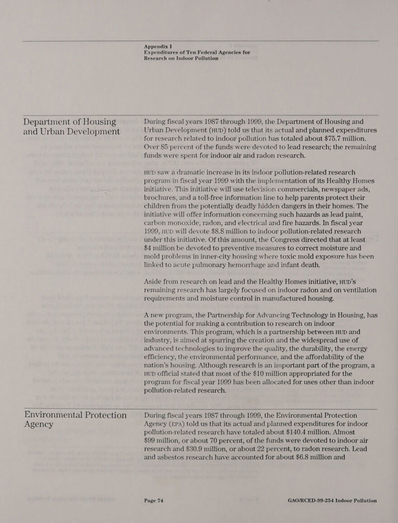  Appendix I Expenditures of Ten Federal Agencies for Research on Indoor Pollution  Department of Housing and Urban Development During fiscal years 1987 through 1999, the Department of Housing and Urban Development (HUD) told us that its actual and planned expenditures for research related to indoor pollution has totaled about $75.7 million. Over 85 percent of the funds were devoted to lead research; the remaining funds were spent for indoor air and radon research. HUD Saw a dramatic increase in its indoor pollution-related research program in fiscal year 1999 with the implementation of its Healthy Homes initiative. This initiative will use television commercials, newspaper ads, brochures, and a toll-free information line to help parents protect their children from the potentially deadly hidden dangers in their homes. The initiative will offer information concerning such hazards as lead paint, carbon monoxide, radon, and electrical and fire hazards. In fiscal year 1999, HUD will devote $8.8 million to indoor pollution-related research under this initiative. Of this amount, the Congress directed that at least $4 million be devoted to preventive measures to correct moisture and mold problems in inner-city housing where toxic mold exposure has been linked to acute pulmonary hemorrhage and infant death. Aside from research on lead and the Healthy Homes initiative, HUD’s remaining research has largely focused on indoor radon and on ventilation requirements and moisture control in manufactured housing. A new program, the Partnership for Advancing Technology in Housing, has the potential for making a contribution to research on indoor environments. This program, which is a partnership between HUD and industry, is aimed at spurring the creation and the widespread use of advanced technologies to improve the quality, the durability, the energy efficiency, the environmental performance, and the affordability of the nation’s housing. Although research is an important part of the program, a HUD official stated that most of the $10 million appropriated for the program for fiscal year 1999 has been allocated for uses other than indoor pollution-related research.  Environmental Protection Agency   During fiscal years 1987 through 1999, the Environmental Protection Agency (EPA) told us that its actual and planned expenditures for indoor pollution-related research have totaled about $140.4 million. Almost $99 million, or about 70 percent, of the funds were devoted to indoor air research and $30.9 million, or about 22 percent, to radon research. Lead and asbestos research have accounted for about $6.8 million and