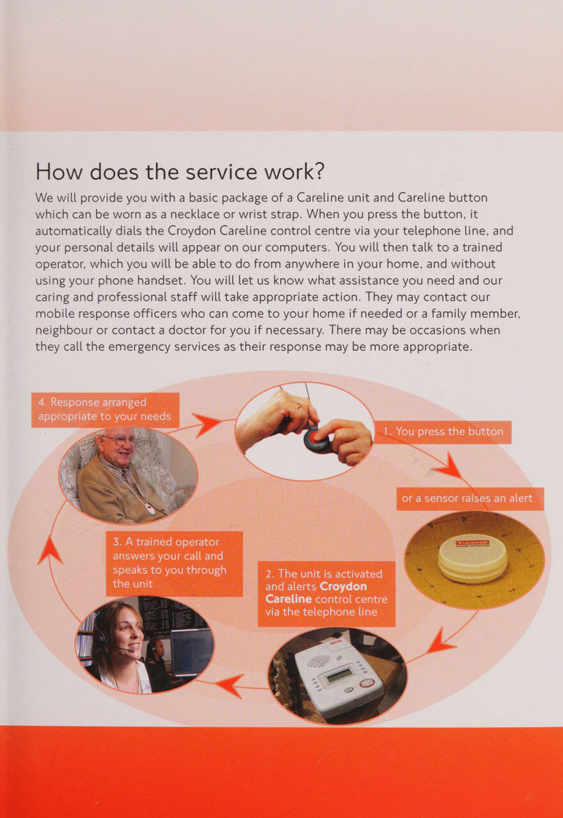 How does the service work? We will provide you with a basic package of a Careline unit and Careline button which can be worn as a necklace or wrist strap. When you press the button, it automatically dials the Croydon Careline control centre via your telephone line, and your personal details will appear on our computers. You will then talk to a trained operator, which you will be able to do from anywhere in your home, and without using your phone handset. You will let us know what assistance you need and our caring and professional staff will take appropriate action. They may contact our mobile response officers who can come to your home if needed or a family member, neighbour or contact a doctor for you if necessary. There may be occasions when they call the emergency services as their response may be more appropriate. 