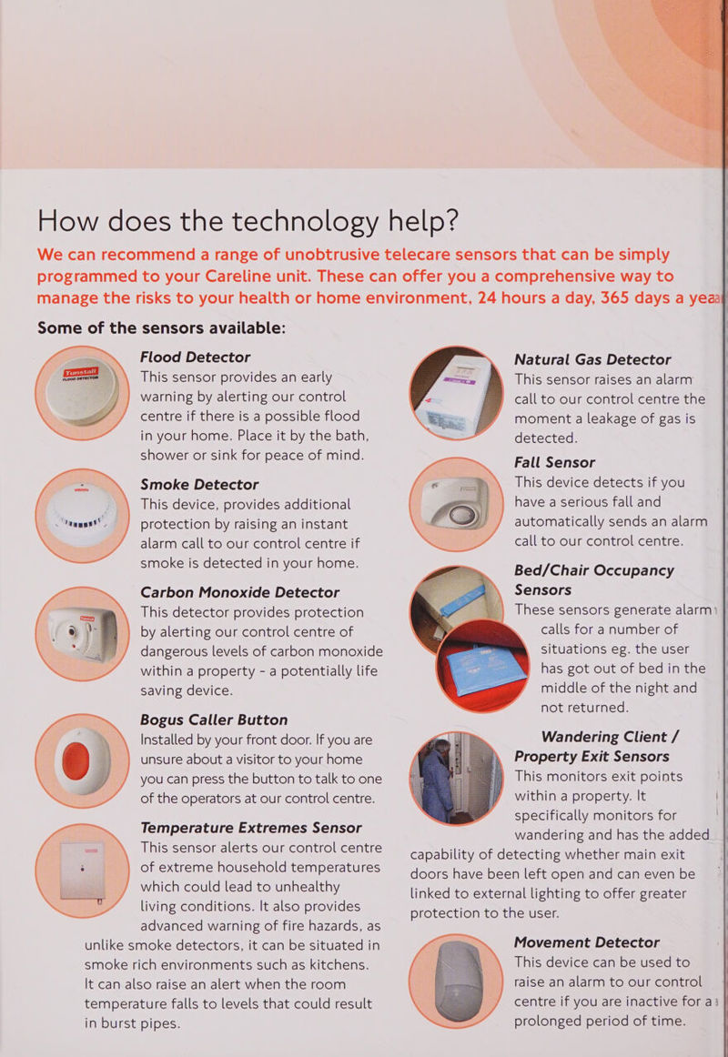  Some of the sensors available: Flood Detector This sensor provides an early warning by alerting our control centre if there is a possible flood in your home. Place it by the bath, shower or sink for peace of mind.     Smoke Detector This device, provides additional protection by raising an instant alarm call to our control centre if smoke is detected in your home. \ ae eer gene Rae Seeger cnet Carbon Monoxide Detector This detector provides protection by alerting our control centre of dangerous levels of carbon monoxide within a property - a potentially life saving device. Bogus Caller Button Installed by your front door. If you are unsure about a visitor to your home you can press the button to talk to one of the operators at our control centre.  Temperature Extremes Sensor This sensor alerts our control centre of extreme household temperatures which could lead to unhealthy living conditions. It also provides advanced warning of fire hazards, as unlike smoke detectors, it can be situated in smoke rich environments such as kitchens. It can also raise an alert when the room temperature falls to levels that could result in burst pipes.   Natural Gas Detector This sensor raises an alarm call to our control centre the moment a leakage of gas is detected.  Fall Sensor This device detects if you have a serious fall and automatically sends an alarm call to our control centre.  Bed/Chair Occupancy Sensors These sensors generate alarm} calls for a number of situations eg. the user has got out of bed in the middle of the night and not returned.  Wandering Client / Property Exit Sensors This monitors exit points within a property. It specifically monitors for . wandering and has the added capability of detecting whether main exit doors have been left open and can even be linked to external lighting to offer greater protection to the user.  Movement Detector This device can be used to raise an alarm to our control centre if you are inactive for a: prolonged period of time.