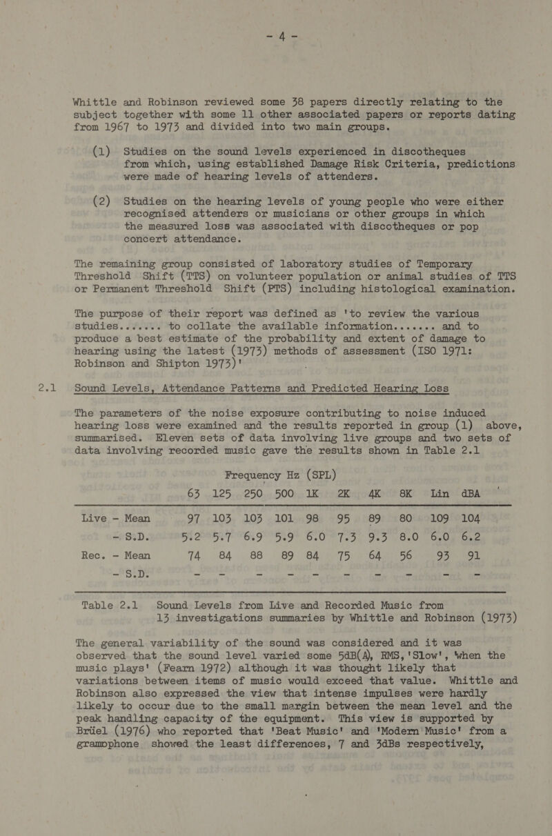 2el Whittle and Robinson reviewed some 38 papers directly relating to the subject together with some 1l other associated papers or reports dating from 1967 to 1973 and divided into two main groups. (1) Studies on the sound levels experienced in discotheques from which, using established Damage Risk Criteria, predictions were made of hearing levels of attenders. (2) Studies on the hearing levels of young people who were either recognised attenders or musicians or other groups in which the measured loss was associated with discotheques or pop concert attendance. The remaining group consisted of laboratory studies of Temporary Threshold Shift (TTS) on volunteer population or animal studies of TTS or Permanent Threshold Shift (PTS) including histological examination. The purpose of their report was defined as 'to review the various studies....... to collate the available information....... and to produce a best estimate of the probability and extent of damage to hearing using the latest (1973) methods of assessment (ISO 1971: Robinson and Shipton 1973)! Sound Levels, Attendance Patterns and Predicted Hearing Loss The parameters of the noise exposure contributing to noise induced hearing loss were examined and the results reported in group (1) above, summarised. Eleven sets of data involving live groups and two sets of data involving recorded music gave the results shown in Table 2.1 Frequency Hz (SPL) 63 «125+ '250., 500i; 1K PPK od Kod? Ski eiiiyp* dBA Live, -,Mean 2) n9#n L035, 105 «1Ols5 966 +95 2 2891 a BOLegdogrero4 Coped god nee doin roe gtemigl BO°R 723. PS ato MBO ee Rec. — Mean 74 84 88 89 84 fie 64 56 94 91 agi he © ar: See ee eae es a ae Table 2.1 Sound Levels from Live and Recorded Music from 13 investigations summaries by Whittle and Robinson (1973) The general variability of the sound was considered and it was observed that the sound level varied some 5dB(A), RMS,'Slow', 'when the music plays! (Fearn 1972) although it was thought likely that variations between items of music would exceed that value. Whittle and Robinson also expressed the view that intense impulses were hardly likely to occur due to the small margin between the mean level and the peak handling capacity of the equipment. This view is supported by Briiel (1976) who reported that 'Beat Music' and 'Modern'Music! from a grammpphone showed the least differences, 7 and 3dBs respectively,
