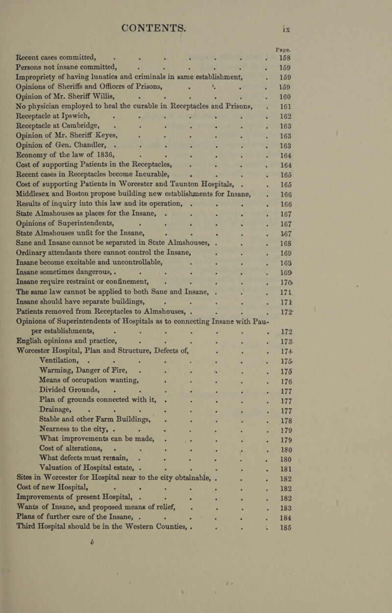 Recent cases committed, Persons not insane committed, Impropriety of having lunatics and Rctentsiiis in same etavlishuitat Opinions of Sheriffs and Officers of Prisons, : ‘, . Opinion of Mr. Sheriff Willis, , : No physician employed to heal the curable in iiioceptesed and Briholie Receptacle at Ipswich, ‘ : ‘ ‘ : Receptacle at Cambridge, . : : : : Opinion of Mr. Sheriff Keyes, Opinion of Gen. Chandler, Economy of the law of 1836, ; @ : Cost of supporting Patients in the Mace vkaciea, ; : Recent cases in Receptacles become Incurable, : Cost of supporting Patients in Worcester and Taunton Hoapitite Middlesex and Boston propose building new establishments for Insane, Results of inquiry into this law and its operation, . : ‘ d State Almshouses as places for the Insane, J Opinions of Superintendents, ‘. d ; = ; State Almshouses unfit for the Insane, : . : : Sane and Insane cannot be separated in State Almshouses, Ordinary attendants there cannot control the Insane, Insane become excitable and uncontrollable, Insane sometimes dangerous, . : ; ; 3 Insane require restraint or confinement, The same law cannot be applied to both Sane and adi’, Insane should have separate buildings, ; Patients removed from Receptacles to Almshouses, . Opinions of Superintendents of Hospitals as to connecting ee with Pan per establishments, English opinions and practice, Worcester Hospital, Plan and Structure, Defects oF ; Ventilation, . 4 ; F ; Warming, Danger of Fire, Means of occupation wanting, . Divided Grounds, ‘ ; 2 5 Plan of grounds connected with it, Drainage, é : Stable and other nen Buildings, Nearness to the city, . What improvements can be made, Cost of alterations, . What defects must remain, Valuation of Hospital estate, . ° Sites in Worcester for Hospital near to the city Sitainatld . . Cost of new Hospital, ‘ ; . ‘ Improvements of present Hospital, . . . P Wanis of Insane, and proposed means of relief, ° Plans of further care of the Insane, . ° Third Hospital should be in the Western caankese . b 162 163 163 164 164 165 165 166 166 167 167 167 168 169 169 169 170 17k. ve’ 172 172 173. 174 17s 175 176 177 177 177 178 179 179 180 180 181 182 182 182 183 184 185