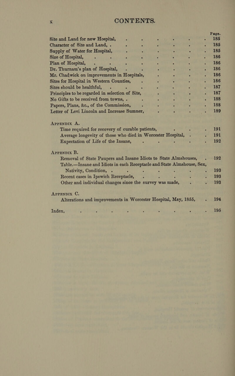 Page. Site and Land for new Hospital, ‘ . : ‘ : . Fise Character of Site and Land, . : i . : - 185 Supply of Water for Hospital, : : ° . . 7+ LOO Size of Hospital, ° . : ; : . : - 186 Plan of Hospital, . . : . : ° - rita ich Dr. Thurnam’s plan of Hospital, . . ° : : >. TOG Mr. Chadwick on improvements in Hospitals, : . . . fF L0G Sites for Hospital in Western Counties, ; : : ° - 186 Sites should be healthful, . ° ‘ ° . ; ~ 187 Principles to be regarded in selection of Site, ° : . vihonae (3 No Gifts to be received from towns, . : , ° . oe Papers, Plans, &amp;c., of the Commission, 4 . “ : Wradiy Fk: Letter of Levi Lincoln and Increase Sumner, A : : 77 Lee APPENDIX A, Time required for recovery of curable patients, ‘ : Pret ( ) | Average longevity of those who died in Worcester Hospital, . hoe Expectation of Life of the Insane, . ° : . - 192 APPENDIX B. Removal of State Paupers and Insane Idiots to State Almshouses, . 192 Table.—Insane and Idiots in each Receptacle and State Almshouse, Sex, Nativity, Condition, . : ; 4 : : + S495 Recent cases in Ipswich Receptacle, t ° . 198 Other and individual changes since the vege was ae : » S193 AppENDIXx C, Alterations and improvements in Worcester Hospital, May, 1855, - 194 Index, ; 3 n ‘ : : 2 ae . 195