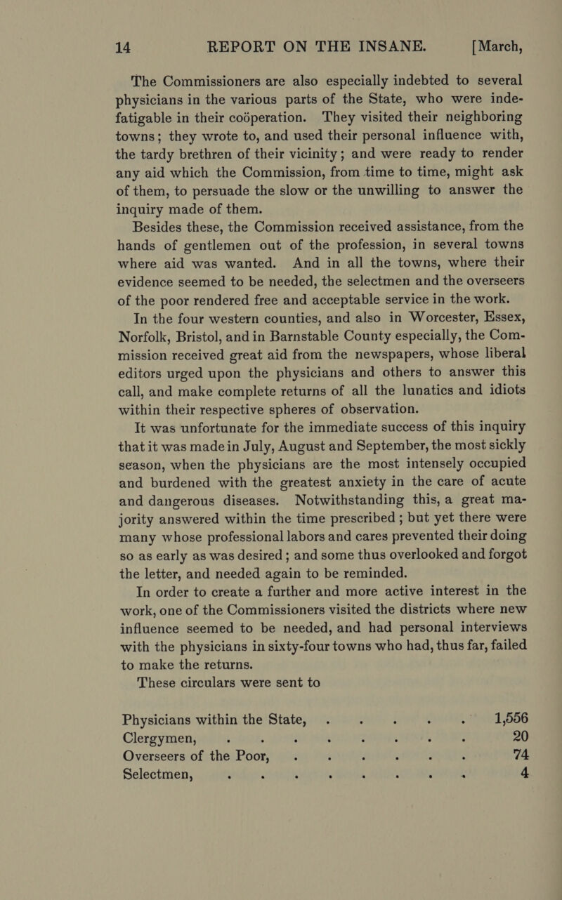 The Commissioners are also especially indebted to several physicians in the various parts of the State, who were inde- fatigable in their codperation. They visited their neighboring towns; they wrote to, and used their personal influence with, the tardy brethren of their vicinity; and were ready to render any aid which the Commission, from time to time, might ask of them, to persuade the slow or the unwilling to answer the inquiry made of them. Besides these, the Commission received assistance, from the hands of gentlemen out of the profession, in several towns where aid was wanted. And in all the towns, where their evidence seemed to be needed, the selectmen and the overseers of the poor rendered free and acceptable service in the work. In the four western counties, and also in Worcester, Essex, Norfolk, Bristol, and in Barnstable County especially, the Com- mission received great aid from the newspapers, whose liberal editors urged upon the physicians and others to answer this call, and make complete returns of all the lunatics and idiots within their respective spheres of observation. It was unfortunate for the immediate success of this inquiry that it was madein July, August and September, the most sickly season, when the physicians are the most intensely occupied and burdened with the greatest anxiety in the care of acute and dangerous diseases. Notwithstanding this,a great ma- jority answered within the time prescribed ; but yet there were many whose professional labors and cares prevented their doing so as early as was desired ; and some thus overlooked and forgot the letter, and needed again to be reminded. In order to create a further and more active interest in the work, one of the Commissioners visited the districts where new influence seemed to be needed, and had personal interviews with the physicians in sixty-four towns who had, thus far, failed to make the returns. These circulars were sent to Physicians within the State, . : : ; Lan bon Clergymen, ; : : : : , : 20 Overseers of the Bion : , ‘ J ; é 74 Selectmen, ; d ‘ ‘ ; : F i 4