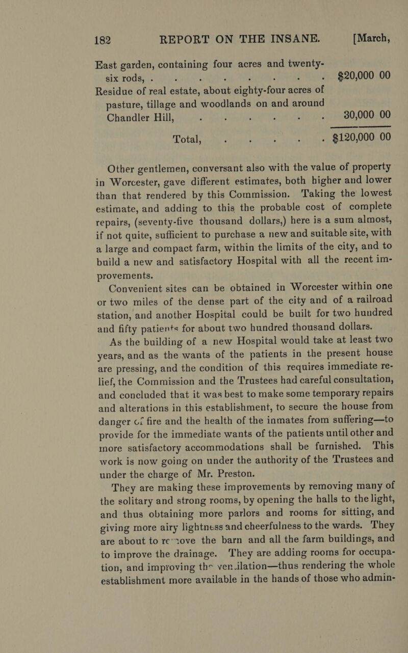 East garden, containing four acres and twenty-  six rods, . , ; i $20,000 00 Residue of real estate, about eighty-four acres of pasture, tillage and woodlands on and around Chandler Hill, ; : 5 A : : 30,000 00 Total, : ; ; i . $120,000 00 Other gentlemen, conversant also with the value of property in Worcester, gave different estimates, both higher and lower than that rendered by this Commission. Taking the lowest estimate, and adding to this the probable cost of complete repairs, (seventy-five thousand dollars,) here is a sum almost, if not quite, sufficient to purchase a new and suitable site, with a large and compact farm, within the limits of the city, and to build a new and satisfactory Hospital with all the recent im- provements. Convenient sites can be obtained in Worcester within one or two miles of the dense part of the city and of a railroad station, and another Hospital could be built for two hundred and fifty patients for about two hundred thousand dollars. As the building of a new Hospital would take at least two years, and as the wants of the patients in the present house are pressing, and the condition of this requires immediate re- lief, the Commission and the Trustees had careful consultation, and concluded that it was best to make some temporary repairs and alterations in this establishment, to secure the house from danger c/ fire and the health of the inmates from suffering—to provide for the immediate wants of the patients until other and more satisfactory accommodations shall be furnished. This work is now going on under the authority of the Trustees and under the charge of Mr. Preston. They are making these improvements by removing many of the solitary and strong rooms, by opening the halls to the light, and thus obtaining more parlors and rooms for sitting, and giving more airy lightness and cheerfulness to the wards. ‘They are about to re-2ove the barn and all the farm buildings, and to improve the drainage. ‘They are adding rooms for occupa- tion, and improving the ven ilation—thus rendering the whole establishment more available in the hands of those who admin-