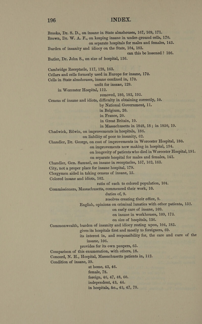 Brooks, Dr. S. D., on insane in State almshouses, 167, 169, 171. Brown, Dr. W. A. F., on keeping insane in under-ground cells, 170. on separate hospitals for males and females, 143. Burden of insanity and idiocy on the State, 104, 183. can this be lessened? 106. Butler, Dr. John §S., on size of hospital, 136. Cambridge Receptacle, 117, 128, 163. Cellars and cells formerly used in Europe for insane, 170. Cells in State almshouses, insane confined in, 170. unfit for insane, 129. in Worcester Hospital, 112. removed, 180, 182, 193. Census of insane and idiots, difficulty in obtaining correctly, 10. by National Government, 11. in Belgium, 20. in France, 20. in Great Britain, 19. in Massachusetts in 1848, 18; in 1850, 19. Chadwick, Edwin, on improvements in hospitals, 186. on liability of poor to insanity, 62. Chandler, Dr. George, on cost of improvements in Worcester Hospital, 180. on improvements now making in hospital, 194. on longevity of patients who died in Worcester Hospital, 191. on separate hospital for males and females, 143. Chandler, Gen. Samuel, on insane in receptacles, 157, 162, 163. City, not a proper place for insane hospital, 179. Clergymen aided in taking census of insane, 10. Colored insane and idiots, 102. ratio of each to colored population, 104. Commissioners, Massachusetts, commenced their work, 10. duties of, 9. resolves creating their office, 9. English, opinions on criminal lunatics with other patients, 102. on early care of insane, 109. on insane in workhouses, 109, 173. on size of hospitals, 136. Commonwealth, burden of insanity and idiocy resting upon, 104, 183. gives its hospitals first and mostly to foreigners, 69. its interest in, and responsibility for, the care and cure of the insane, 106. provides for its own paupers, 65. Comparison of this enumeration, with others, 18. Yoncord, N. H., Hospital, Massachusetts patients in, 112. Condition of insane, 39. at home, 43, 46. female, 78. foreign, 46, 47, 48, 60. independent, 43, 44. in hospitals, &amp;c., 43, 47, 78.