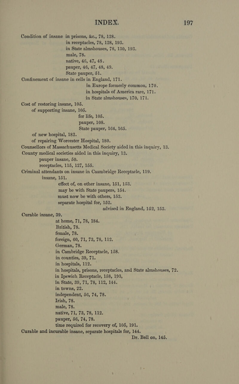 Condition of insane in prisons, &amp;c., 78, 128. in receptacles, 78, 128, 193. in State almshouses, 78, 130, 193. male, 78. native, 46, 47, 48. pauper, 46, 47, 48, 49. State pauper, 51. Confinement of insane in cells in England, 171. in Europe formerly common, 170. in hospitals of America rare, 171. in State almshouses, 170, 171. Cost of restoring insane, 105. of supporting insane, 105. for life, 105. pauper, 108. State pauper, 164, 165. of new hospital, 182. of repairing Worcester Hospital, 180. Counsellors of Massachusetts Medical Society aided in this inquiry, 18. County medical societies aided in this inquiry, 13. pauper insane, 50. receptacles, 115, 127, 155. Criminal attendants on insane in Caambridge Receptacle, 119. insane, 151. effect of, on other insane, 151, 1538. may be with State paupers, 154. must now be with others, 153. separate hospital for, 152. advised in England, 152, 153. Curable insane, 39. at home, 71, 78, 184. British, 78. female, 78. foreign, 60, 71, 73, 78, 112. German, 78. in Cambridge Receptacle, 158. in counties, 39, 71. in hospitals, 112. in hospitals, prisons, receptacles, and State almshouses, 72. in Ipswich Receptacle, 158, 193, in State, 39, 71, 78, 112, 144. in towns, 22. independent, 56, 74, 78. Irish, 78. male, 78. native, 71, 73, 78, 112. pauper, 56, 74, 78. time required for recovery of, 105, 191. -Curable and incurable insane, separate hospitals for, 144, Dr. Bell on, 145,