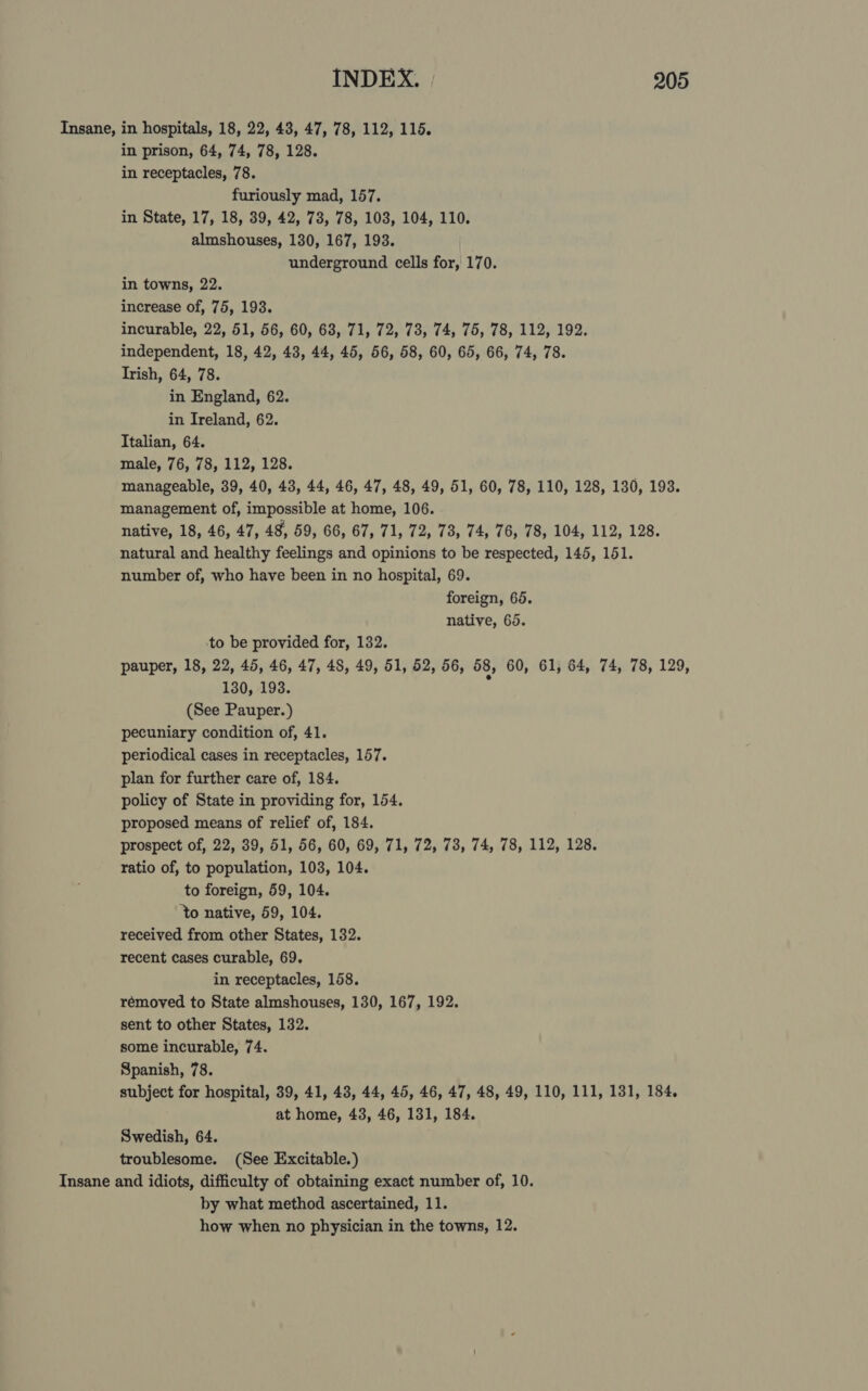 Insane, in hospitals, 18, 22, 48, 47, 78, 112, 115. in prison, 64, 74, 78, 128. in receptacles, 78. furiously mad, 157. in State, 17, 18, 39, 42, 78, 78, 103, 104, 110. almshouses, 130, 167, 193. underground cells for, 170. in towns, 22. increase of, 75, 193. incurable, 22, 51, 56, 60, 63, 71, 72, 73, 74, 75, 78, 112, 192. independent, 18, 42, 43, 44, 45, 56, 58, 60, 65, 66, 74, 78. Irish, 64, 78. in England, 62. in Ireland, 62. Italian, 64. male, 76, 78, 112, 128. manageable, 39, 40, 43, 44, 46, 47, 48, 49, 51, 60, 78, 110, 128, 130, 193. management of, impossible at home, 106. native, 18, 46, 47, 48, 59, 66, 67, 71, 72, 73, 74, 76, 78, 104, 112, 128. natural and healthy feelings and opinions to be respected, 145, 151. number of, who have been in no hospital, 69. foreign, 65. native, 65. to be provided for, 132. pauper, 18, 22, 45, 46, 47, 48, 49, 51, 52, 56, 58, 60, 61, 64, 74, 78, 129, 130, 193. ' (See Pauper.) pecuniary condition of, 41. periodical cases in receptacles, 157. plan for further care of, 184. policy of State in providing for, 154. proposed means of relief of, 184. prospect of, 22, 39, 51, 56, 60, 69, 71, 72, 73, 74, 78, 112, 128. ratio of, to population, 103, 104. to foreign, 59, 104. ‘to native, 59, 104. received from other States, 132. recent cases curable, 69. in receptacles, 158. removed to State almshouses, 130, 167, 192. sent to other States, 132. some incurable, 74. Spanish, 78. subject for hospital, 39, 41, 43, 44, 45, 46, 47, 48, 49, 110, 111, 131, 184, at home, 43, 46, 131, 184. Swedish, 64. troublesome. (See Excitable.) Insane and idiots, difficulty of obtaining exact number of, 10. by what method ascertained, 11. how when no physician in the towns, 12.