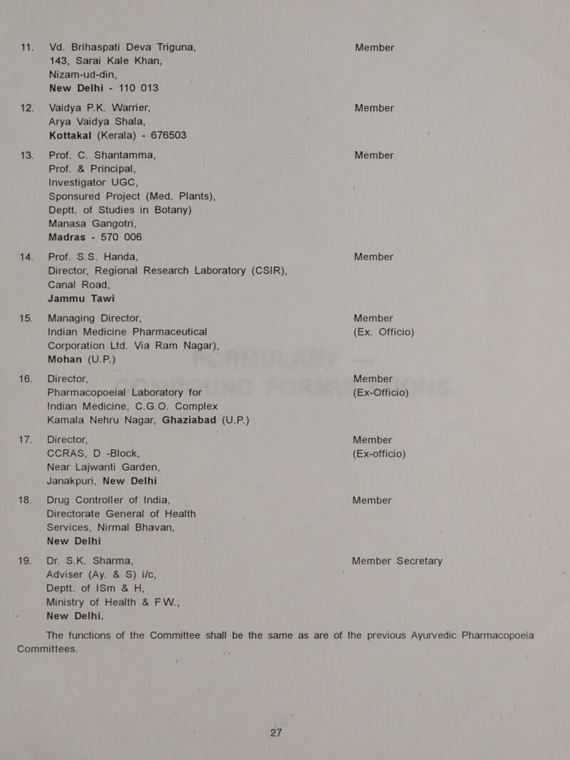 Vd. Brihaspati Deva’ Triguna, Member 143, Sarai Kale Khan, Nizam-ud-din, New Delhi - 110 013 Vaidya P.K. Warrier, Member Arya Vaidya Shala, Kottakal (Kerala) - 676503 Prof. C. Shantamma, Member Prof. &amp; Principal, Investigator UGC, Sponsured Project (Med. Plants), Deptt. of Studies in Botany) Manasa Gangotri, Madras - 570 006 Prof. S.S. Handa, Member Director, Regional Research Laboratory (CSIR), Canal Road, Jammu Tawi Managing Director, Member Indian Medicine Pharmaceutical (Ex. Officio) Corporation Ltd. Via Ram Nagar), Mohan (U.P.) Director, Member Pharmacopoeial Laboratory for (Ex-Officio) Indian Medicine, C.G.O. Complex Kamala Nehru Nagar, Ghaziabad (U.P.) Director, Member CCRAS, D -Block, (Ex-officio) Near Lajwanti Garden, Janakpuri, New Delhi Drug Controller of India, Member Directorate General of Health Services, Nirmal Bhavan, New Delhi Dr. S.K. Sharma, Member Secretary Adviser (Ay. &amp; S) isc, Deptt. of ISm &amp; H, Ministry of Health &amp; FW., New Delhi. The functions of the Committee shall be the same as are of the previous Ayurvedic Pharmacopoeia aT