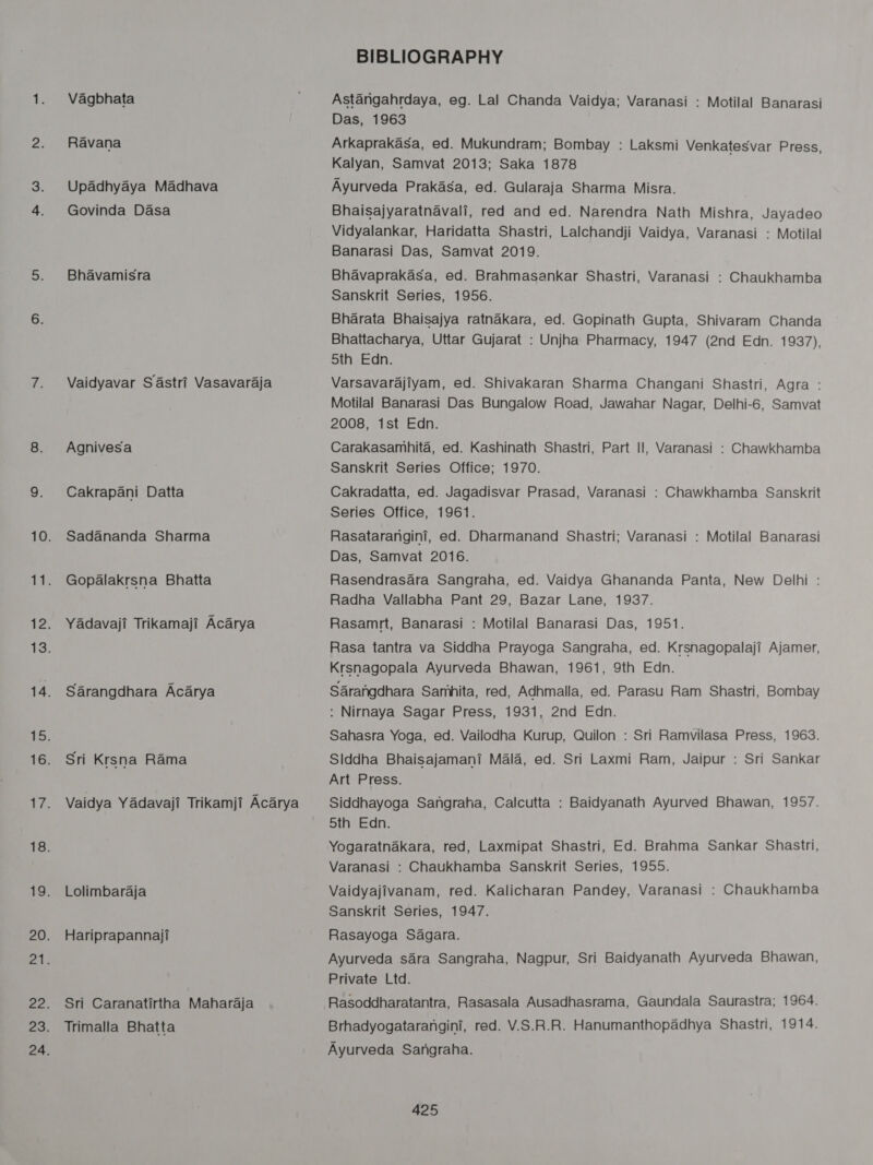 Vagbhata Ravana Upadhyaya Madhava Govinda Dasa Bhavamisra Vaidyavar SAstri Vasavaraja Agnivesa Cakrapani Datta Sadananda Sharma Gopalakrsna Bhatta Yadavaji Trikamaji Acarya Sarangdhara Acarya Sri Krsna Rama Vaidya Yadavaji Trikamji Acarya Lolimbaraja Hariprapannaji Sri Caranatirtha Maharaja Trimalla Bhatta BIBLIOGRAPHY Astangahrdaya, eg. Lal Chanda Vaidya; Varanasi : Motilal Banarasi Das, 1963 Arkaprakasa, ed. Mukundram; Bombay : Laksmi Venkatesvar Press, Kalyan, Samvat 2013; Saka 1878 Ayurveda Prakasa, ed. Gularaja Sharma Misra. Bhaisajyaratnavali, red and ed. Narendra Nath Mishra, Jayadeo Vidyalankar, Haridatta Shastri, Lalchandji Vaidya, Varanasi : Motilal Banarasi Das, Samvat 2019. Bhavaprakasa, ed. Brahmasankar Shastri, Varanasi : Chaukhamba Sanskrit Series, 1956. Bharata Bhaisajya ratnakara, ed. Gopinath Gupta, Shivaram Chanda Bhattacharya, Uttar Gujarat : Unjha Pharmacy, 1947 (2nd Edn. 1937), 5th Edn. Varsavarajtyam, ed. Shivakaran Sharma Changani Shastri, Agra : Motilal Banarasi Das Bungalow Road, Jawahar Nagar, Delhi-6, Samvat 2008, 1st Edn. Carakasamhita, ed. Kashinath Shastri, Part Il, Varanasi : Chawkhamba Sanskrit Series Office; 1970. Cakradatta, ed. Jagadisvar Prasad, Varanasi : Chawkhamba Sanskrit Series Office, 1961. Rasatarangini, ed. Dharmanand Shastri; Varanasi : Das, Samvat 2016. Rasendrasara Sangraha, ed. Vaidya Ghananda Panta, New Delhi : Radha Vallabha Pant 29, Bazar Lane, 1937. Rasamrt, Banarasi : Motilal Banarasi Das, 1951. Rasa tantra va Siddha Prayoga Sangraha, ed. Krsnagopalaji Ajamer, Krsnagopala Ayurveda Bhawan, 1961, 9th Edn. SArangdhara Samhita, red, Adhmalla, ed. Parasu Ram Shastri, Bombay : Nirnaya Sagar Press, 1931, 2nd Edn. Sahasra Yoga, ed. Vailodha Kurup, Quilon : Sri Ramvilasa Press, 1963. Slddha Bhaisajamani Mala, ed. Sri Laxmi Ram, Jaipur : Sri Sankar Art Press. Siddhayoga Sangraha, Calcutta : Baidyanath Ayurved Bhawan, 1957. 5th Edn. Yogaratnakara, red, Laxmipat Shastri, Ed. Brahma Sankar Shastri, Varanasi : Chaukhamba Sanskrit Series, 1955. Vaidyajivanam, red. Kalicharan Pandey, Varanasi : Chaukhamba Sanskrit Series, 1947. Rasayoga Sagara. Ayurveda sara Sangraha, Nagpur, Sri Baidyanath Ayurveda Bhawan, Private Ltd. Rasoddharatantra, Rasasala Ausadhasrama, Gaundala Saurastra; 1964. Brhadyogatarangini, red. V.S.R.R. Hanumanthopadhya Shastri, 1914. Ayurveda Sangraha. Motilal Banarasi
