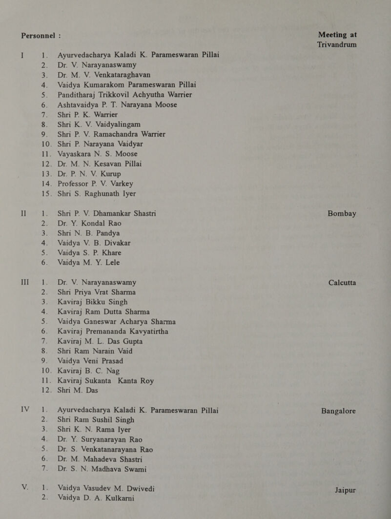 I] Il IV 00 ~ ©, NR ५ £ ध een कन न + + ५) MA &gt; ५3 £ ~ @ ` Nn + ५ £ ^ 0 ~) © “~ +&gt; ५ ¢ — \o et et et N= @ ` ~ ©\ “~ +&gt; ~ ^¢ ^~ — Ayurvedacharya Kaladi K. Parameswaran Pillai Dr. V. Narayanaswamy Dr. M. V. Venkataraghavan Vaidya Kumarakom Parameswaran Pillai Panditharaj Trikkovil Achyutha Warrier Ashtavaidya P. T. Narayana Moose Shri P. K. Warrier Shri K. V. Vaidyalingam Shri P. V. Ramachandra Warrier Shri P. V. Dhamankar Shastri Dr. Y. Kondal Rao Shri N. B. Pandya Vaidya V. B. Divakar Vaidya S. P. Khare Vaidya M. Y. Lele Dr. V. Narayanaswamy Shri Priya Vrat Sharma Kaviraj Bikku Singh Kaviraj Ram Dutta Sharma Vaidya Ganeswar Acharya Sharma Kaviraj Premananda Kavyatirtha Kaviraj M. L. Das Gupta Shri Ram Narain Vaid Vaidya Veni Prasad Kaviraj Sukanta Kanta Roy Ayurvedacharya Kaladi K. Parameswaran Pillai Shri Ram Sushil Singh Shri K. N. Rama Iyer Dr. Y. Suryanarayan Rao Dr. S. Venkatanarayana Rao Dr. M. Mahadeva Shastri Dr. S. N. Madhava Swami Vaidya Vasudev M. Dwivedi Vaidya D. A. Kulkarni Meeting at Trivandrum Bombay Calcutta Bangalore Jaipur