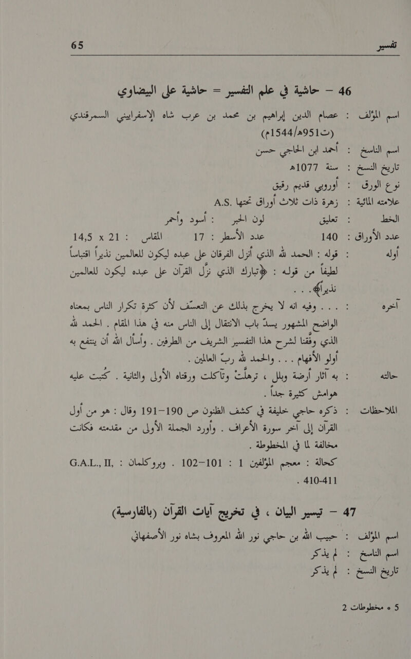 65 اريك اسم الناسخ : تاريخ النسخ : نوع الورق2 : علامته المائية: .: الخط عدد الأوراق : أوله آخره حالته الملااحظات 47 0 الول تاريخ النسخ : 5 » مخطوطات 2 (ت951ه/1544م) سنة 1077ه اوروبي قديم رقيق زهرة ذات ثلاث اوراق تحتها .5.م تعليق لون الحبر : اسود واحمر 140 156 شط 171 المقام 101 21 1 14,5 لطيفاً من قوله : «إتبارك الذي نزّل القرآن على عبده ليكون للعالمين نذيرا». . - 0 يانه 00 إلى 0 منه في هذا الك اهن 0 0 الأفهام . . اي رركت 0 هوامش كثيرة ناا القرآن إلى الكل سورة الأخرافك ١‏ ,راود التجملة الأو امن مقلامته فكانت مخالفة لما في المخطوطة . كحالة : معجم المؤلفين ال ” وبر و كلمان م لض 410-71 . 0 بذك