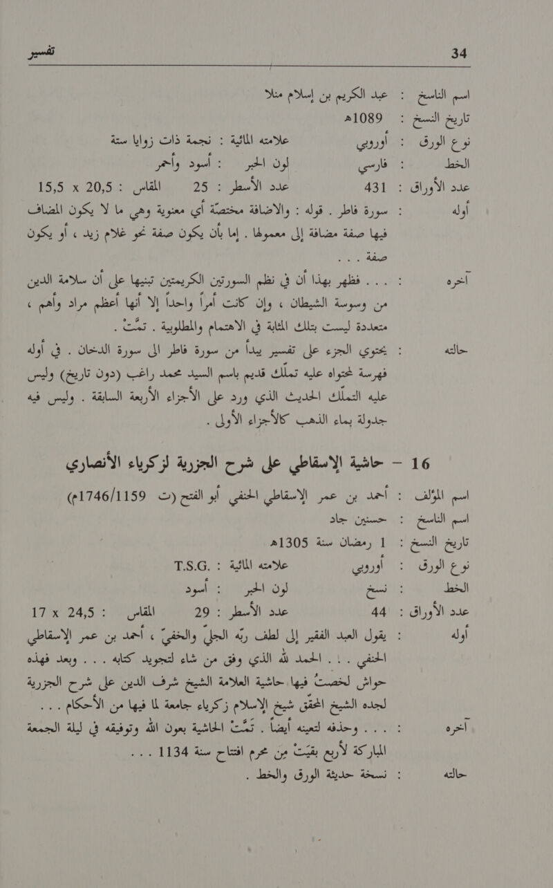  34 تفسير اسم النات /3 خيلا الكزيا ارك إسادم معتل تاريخ النسخ : 1089ه نوع الورق : أوروبي ا ا الخط فارسي لون احبر ':,اسوذا' واحمر عدد الأوراق : 431 عند الامطياءة لفاك 20,515 1 18,5 أوله : سورة فاطر . قوله : والاضافة مختصّة أي معنوية وهي ما لا يكون المضاف فيها'اصفة مضافة إلى معموطها : إما يان يكرتا صلةحن غللام ريد آنا كل ره : :...... فظهر بهذا أن فنظم السورتين. الكريمتين تبنيها_عل+أن سلامة الذدين من وسوسة .الشيطان ؛ وإن كانت أمراً واحداً إلا أنهاا أعظم مراد وهم : متعددة ليست بتلك المثابة في الاهتمام والمطلوبية . تمّت . حالته لوي التاء ‏ عر ع تفادة اللدا طن سورك ناطلظ اع سؤر 1 لضان ١‏ 0 1ه فهرسة محتواه عليه تملك قديم باسم لفك محمد راغب (دون تاريخ) وليس عليه التملك النديةه الذي ورى عل الأجراء الازلمة االشايقة رلا ادا جدولة عاط الهاي الالو ا لاا اسم املف اسم الناسخ نوع الورق الخط أوله آخره حالته حسنين جاد 1 رمضان سنة 1305ه أوروبي علامته المائية : .7.5.6 نسخ لزنه البو اده ااشود 44 عدد الاسطر.: 29 الفا 1124 1 ل 000 ش لخصت فيها. حاشية العلامة الشيخ شرف الدين على شرح الجزرية 0 الشيخ القن عع اوساو يا م يها من الأحكام . . ا اشح لنت ا الال ريشن يله ل ال