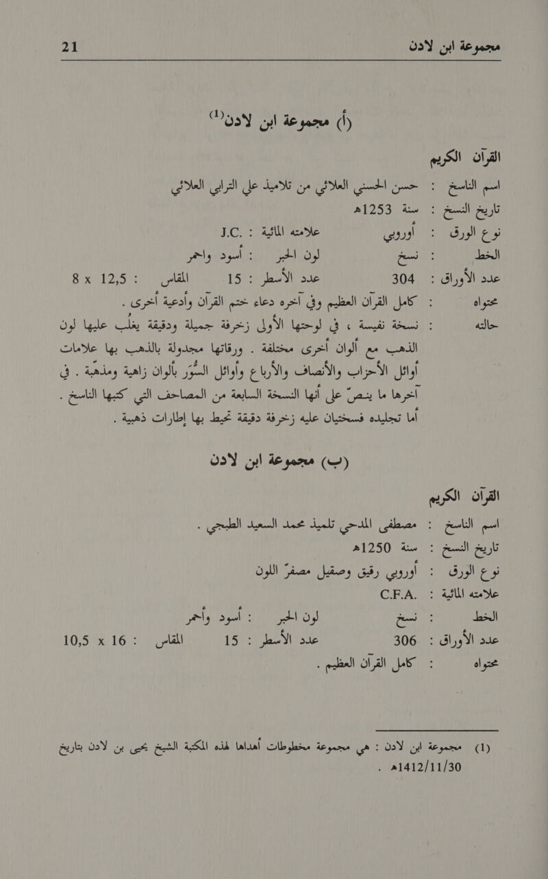 أسم الناسخ : نوع الورق الخط محتو أه حالته القرا ان الكريم أسم الناسخ نوع الورق الخط محتواه 2( مجموعة ابن لذون10) سنة 1253م 0 علامته المائية : .1.0 نسخ لون الحبر : اسود واحر 304 لس 15111 القاط ا 80 الذهب مع ألوان أخرى مختلفة . ورقاتها مجدولة بالذهب بها علامات آخرها ما ينص على أنها النسخة السابعة من المصاحف التي كتبها التاسخ . نا تجليده فسختيان عليه زخرفة دقيقة نحيط بها إطارات دهينة ا (ب) مجموعة ابن لادن : مصطفى المدحي تلميذ محمد السعيد الطبجي . سنة 1250هم اوروبي رقيق وصقيل مصفر اللون ممه 306 عبد الاسط 1517 لفاس ١‏ - 10,5416 كامل القران العظيم .