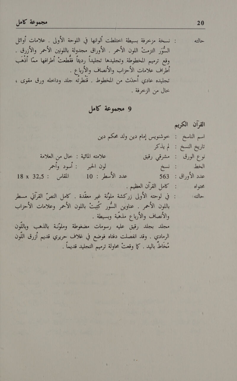 20 حالته القران الكريم اسم الناسخ : تاريخ النسخ : نوع الورق : الخط عدد الأوراق : محتوأه حالته مجموعة كامل السو التزمت. اللون ' الأسمر '. الأوراق للملدولة باللوينالأسمرة والا روا وقع ترميم المخطوطة. وتجليدها تجليداً رديئا 2 انها .مماالحط 0 أطر اف علامات الأحزاب والانطناف والأرباع . تجليده بخادئ: احتث» يز الملخطوط ”د فنا ريه كلل اودائفله ورق مقو ١‏ خال من الزخرفة . 9 مجموعة كامل خوشنويس إمام دين ولد محكم دين لم يذكر مشتزقي | رقيّق علامته المائية : خال من العلامة نسخ :( لوبق ادن امبود ا زاحر 563 عدد الآسطر : 10 المقامرا' :32,5 2012 كامل القران العظيم . باللون : «الأكمر لا اغتالاية البكؤر ا تنيت “باللون الأحر بواصلومارك سرك والأنصاف والأرباع مذهبة وبسيطة . مجلد بجلد رقيق عليه رسومات مضغوطة وملونة بالذهب وباللون الرمادي . وقد انفصلت دفتاه فوضع في غلاف حريري قديم أزرق اللون مُخاط باليد . كا وقعت محاولة ترميم التجليد قديما .
