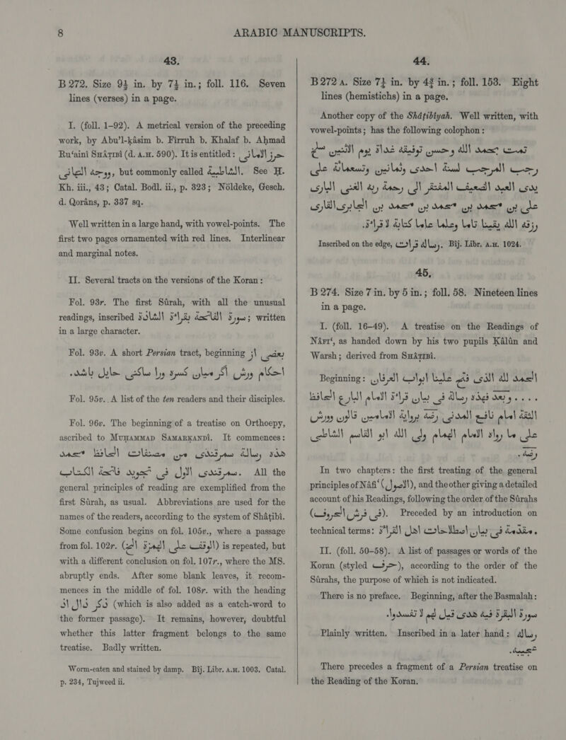 43, B 272. Size 93 in. by 73 in.; foll. 116. Seven lines (verses) in a page. I. (foll. 1-92). A metrical version of the preceding work, by Abu’l-kasim b. Firruh b. Khalaf b. Ahmad Ru‘aini Suirrei (d. a.m. 590). Itis entitled: _ilw\ j= oles! Am45, but commonly called dusblits|. See H. Kh. iii., 43; Catal. Bodl. ii., p. 323; Noldeke, Gesch, d. Qorans, p. 337 sq. Well written in a large hand, with vowel-points. The first two pages ornamented with red lines. Interlinear and marginal notes. Il. Several tracts on the versions of the Koran: Fol. 98r. The first Strah, with all the unusual readings, inscribed SOU) 5*\ i) dod) S40; written in a large character. Fol. 98v. A short Persian tract, beginning jl ee) dbl Sule Ske Iyy as slew SI Udy pl! Fol. 95v..A list of the tem readers and their disciples. Fol. 967. The beginning of a treatise on Orthoepy, ascribed to Munammap Samarxanpi. It commences: ons Bild} lie wrt sdEpme ASley sda lid! dls ys us? Jil wsdt mw. All the general principles of reading are exemplified from the first Sirah, as usual. Abbreviations are used for the names of the readers, according to the system of Shatibi. Some confusion begins on fol. 105v., where a passage from fol. 102r. (A sad we sil) is repeated, but with a different conclusion on fol. 1077., where the MS. abruptly ends. After some blank leaves, it recom- mences in the middle of fol. 108r. with the heading MN Sse fe (which is also added as a catch-word to the former passage). It remains, however, doubtful whether this latter fragment belongs to the same treatise. Badly written. Worm-eaten and stained by damp. Bij. Libr. a.H. 1003. Catal. p. 2384, Tujweed ii.    44. B 272 a. Size 7} in. by 42 in.; foll. 158. Eight lines (hemistichs) in a page. Another copy of the Shdtibiyah. Well written, with vowel-points; has the following colophon : se Hy Lermiy pypiledy cde) Saud Cee all my colt al ayy damny CM takall cial onal coon us hills lel uy OAS Ly AAS Ly Oe” or ute by byl Lele ley bel Landy allt a3) Inscribed on the edge, &gt;} 3 aJL.,. Bij. Libr. a.m. 1024. PSE, 45, B 274. Size 7 in. by 5 in.; foll. 58. Nineteen lines in a page. I. (foll. 16-49). A treatise on the Readings of Narr‘, as handed down by his two pupils Kalin and Warsh ; derived from SuArrsi. Beginning : wis! ae) Coke e csMt al das! Bilal ¢ WY wledl 545 Gly 3 Ble, sig owy.... chy og geaball bly ZB, joall gal abel dal Cobalt gol all dy lag! alll alyy be le a In two chapters: the first treating of the general principles of NAfi‘(_| |,\!), and the other giving a detailed account of his Readings, following the order of the Sarahs (W3, = Uy? Ut). Preceded by an introduction on technical terms: i*1i!\ Ua) ols Wb! sly 3 dedie. II. (foll. 50-58). A list of passages or words of the Koran (styled —#,&gt;), according to the order of the Strahs, the purpose of which is not indicated. There is no preface. Beginning, after the Basmalah: Plainly written. Inscribed in a later hand: als, OOo There precedes a fragment of a Persian treatise on the Reading of the Koran.
