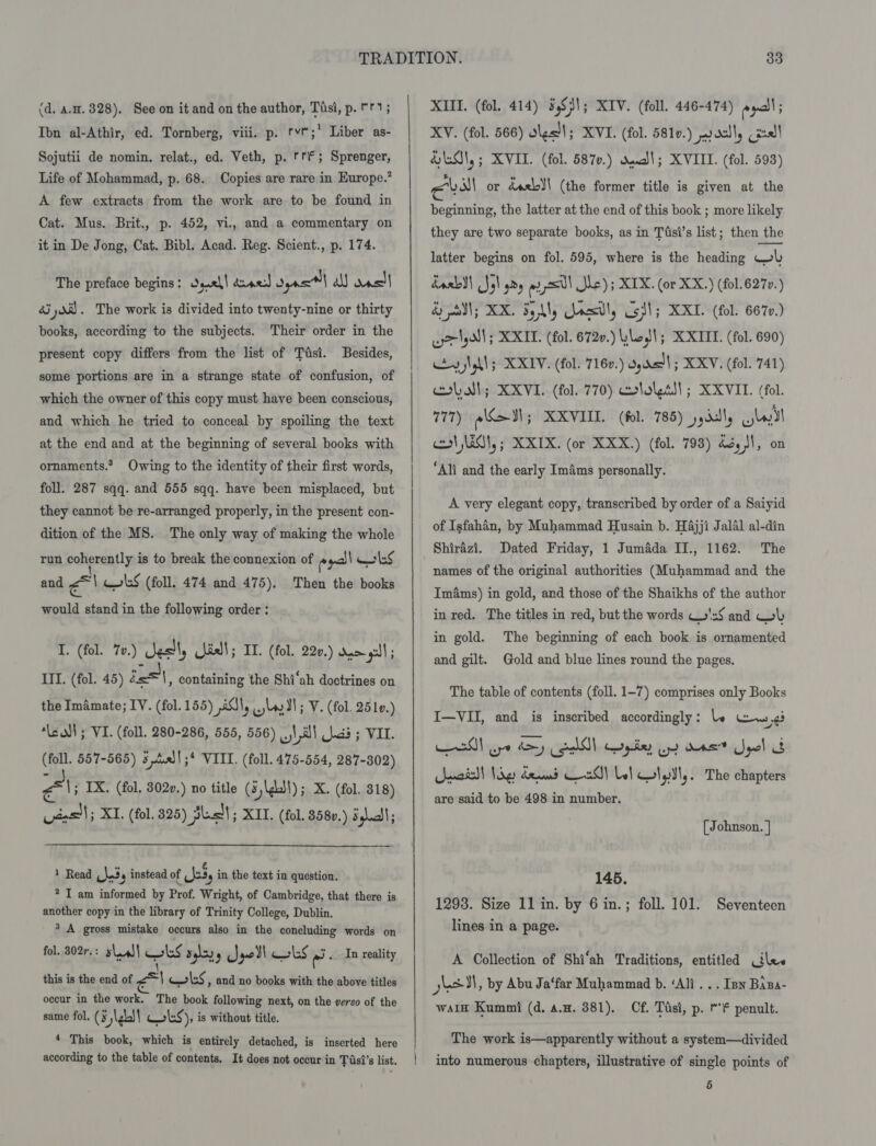 (d. a.#. 328). See on it and on the author, Tasi, p. r1; Ibn al-Athir, ed. Tornberg, viii. p. rvt;' Sojutii de nomin. relat., ed. Veth, p. rf; Sprenger, Life of Mohammad, p. 68. A few extracts from the work are to be found in Liber as- Copies are rare in Europe.’ Cat. Mus. Brit., p. 452, vi., and a commentary on it in De Jong, Cat. Bibl. Acad. Reg. Scient., p. 174. Oearl! dosed o WY al) ancl The work is divided into twenty-nine or thirty The preface begins : a5 aa). books, according to the subjects. Their order in the present copy differs from the list of Tutsi. Besides, some portions are in a strange state of confusion, of which the owner of this copy must have been conscious, and which he tried to conceal by spoiling the text at the end and at the beginning of several books with ornaments.’ Owing to the identity of their first words, foll. 287 sqq. and 555 sqq. have been misplaced, but they cannot be re-arranged properly, in the present con- dition of the MS. The only way of making the whole run poliprantiyn3 is to break the connexion of era ws and Pa ws (foll. 474 and 475). Then the books would stand in the following order : I. (fol. 7.) Sestl, Jidl; II. (fol. 220.) dom yall ; III. (fol. 45) itis |, containing the Shi‘ah doctrines on the Im&amp;mate; IV. (fol. 155) 20), lM; V. (fol. 2510.) *leoll; VI. (foll. 280-286, 555, 556) wl All cad ; VIL. (foll. 557-565) s40)|;* VIII. (foll. 475-554, 287-302) g&lt;|; IX. (fol. 302v.) no title (3, \bl!) ; X. (fol. 318) uses|; KI. (fol. 325) loll; XII. (fol. 8580.) dd};  1 Read (las 4 instead of Jes, in the text in question. ? I am informed by Prof. Wright, of Cambridge, that there is another copy in the library of Trinity College, Dublin. ° A gross mistake occurs also in the concluding words on fol. 302r.: sll bs silo Jyell ls rad . In reality this is the end of &lt; “| ws, and no books with the above titles occur in the work. The book following next, on the verso of the same fol. (s bela wks), is without title. ‘ This book, which is entirely detached, is inserted here according to the table of contents. It does not occur in Tisi’s list.  33 XIII. (fol. 414) 5,81; XIV. (foll. 446-474) aycll; XV. (fol. 566) oles!l; XVI. (fol. 5810.) wosll, (zal! HLS, ; KVIL. (fol. 587v.) sana); XVIII. (fol. 593) eval or daebJ\ (the former title is given at the beginning, the latter at the end of this book ; more likely they are two separate books, as in Tiisi’s list; then the latter begins on fol. 595, where is the heading WL Aasbl\ (Sol gry oy scl Sle); XIX. (or XX.) (fol.6270..) &amp; oN; XX. My Josdl, Gil; XXL. (fol. 6670.) well; XXIT. (fol. 6720.) leg)! ; XXII. (fol. 690) a Nall; XXIV. (fol. 7160.) dy nell; KXV. (fol. 741) ol sl; XXVI. (fol. 770) cololeas!; XXVIT. (fol. 777) a\SoN\5 XXVIII. (fol. 785) jyStly lal col \a!,; XXIX. (or XXX.) (fol. 798) dc Ml, on “Ali and the early ImAms personally. A very elegant copy, transcribed by order of a Saiyid of Isfahan, by Muhammad Husain b. Hajji Jalal al-din Shirazi. Dated Friday, 1 Jumada II., 1162. The names of the original authorities (Muhammad and the Imfms) in gold, and those of the Shaikhs of the author in red. The titles in red, but the words W':$ and Wb in gold. and gilt. The beginning of each book is ornamented Gold and blue lines round the pages. The table of contents (foll. 1-7) comprises only Books I—VII, and is inscribed accordingly: le Le gt ee aye ey eel) opin Lp ane pel G DaeiWAG priate BNL Vesti): are said to be 498 in number. The chapters { Johnson. } 145, 1293. Size 11 in. by 6 in.; foll. 101. lines in a page. Seventeen A Collection of Shi‘ah Traditions, entitled Ciles jell, by Abu Ja‘far Muhammad b. ‘Ali . wala Kummi (d, 4.x. 381), .. [py Bana- Cf. Tasi, p. MF penult. The work is—apparently without a system—divided into numerous chapters, illustrative of single points of