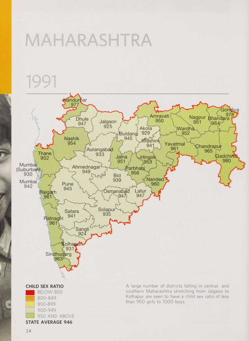 MAHARASHTRA Mumbai (Suburban 930 C^r Mumbai ' 942 1931 SindhudWg 963 CHILD SEX RATIO BELOW 800 800-849 850-899 900-949 950 AND ABOVE STATE AVERAGE 946 A large number of districts falling in central and southern Maharashtra stretching from Jalgaon to Kolhapur are seen to have a child sex ratio of less than 950 girls to 1000 boys.