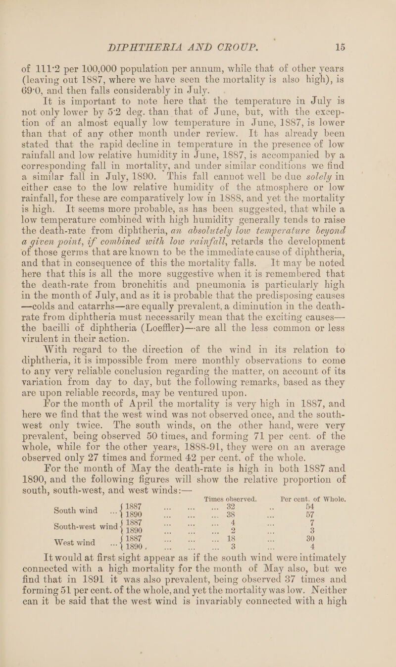 of 111*2 per 100,000 population per annum, while that of other years (leaving out 1887, where we have seen the mortality is also high), is (39'0, and then falls considerably in July. It is important to note here that the temperature in July is not only lower by 52 deg. than that of June, but, with the excep¬ tion of an almost equally low temperature in June, 1887, is lower than that of any other month under review. It has already been stated that the rapid decline in temperature in the presence of low rainfall and low relative hmnidity in June, 1887, is accompanied by a corresponding fall in mortality, and under similar conditions we find a similar fall in July, 1890. This fall cannot well be due solely in either case to the low relative humidity of the atmosphere or low rainfall, for these are comparatively low in 1888, and yet the mortality is high. It seems more probable, as has been suggested, that while a low temperature combined with high humidity generally tends to raise the death-rate from diphtheria, an absolutely low temperature beyond a given point, if combined with low rainfall, retards the development of those germs that are known to be the immediate cause of diphtheria, and that in consequence of this the mortality falls. It may be noted here that this is all the more suggestive when it is remembered that the death-rate from bronchitis and pneumonia is particularly high in the month of July, and as it is probable that the predisposing causes —colds and catarrhs—are equally prevalent, a diminution in the death- rate from diphtheria must necessarily mean that the exciting causes— the bacilli of diphtheria (Loeffler)—are all the less common or less virulent in their action. With regard to the direction of the wind in its relation to diphtheria, it is impossible from mere monthly observations to come to any very reliable conclusion regarding the matter, on account of its variation from day to day, but the following remarks, based as they are upon reliable records, may be ventured upon. For the month of April the mortality is very high in 1887, and here we find that the west wind was not observed once, and the south¬ west only twice. The south winds, on the other hand, were very prevalent, being observed 50 times, and forming 71 per cent, of the whole, while for the other years, 1888-91, they were on an average observed only 27 times and formed 42 per cent, of the whole. For the month of May the death-rate is high in both 1887 and 1890, and the following figures will show the relative proportion of south, south-west, and west winds:— South wind South-west wind West wind 1887 1890 1887 1890 1887 1890 . Times observed. Per cent, of Whole. ... 32 .. 54 ... 38 ... 57 ... 4 ... 7 ... 2 ... 3 ... 18 ... 30 ... 3 ... 4 It would at first sight appear as if the south wind were intimately connected with a high mortality for the month of May also, but vre find that in 1891 it was also prevalent, being observed 37 times and forming 51 per cent, of the whole, and yet the mortality was low. .Neither can it be said that the west wind is invariably connected with a high