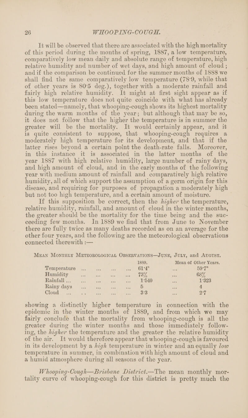 It will be observed that there are associated with the high mortality o£ this period during the months of spring, 1887, a low temperature, comparatively low mean daily and absolute range of temperature, high relative humidity and number of wet days, and high amount of cloud ; and if the comparison be continued for the summer months of 1888 we shall find the same comparatively low temperature (78'9, wliile that of other years is 80'5 deg.), together with a moderate rainfall and fairly high relative humidity. It might at first sight appear as if this low temperature does not quite coincide with what has already been stated—namely, that whooping-cough shows its highest mortality during the warm months of the year; but although that may be so, it does not follow that the higher the temperature is in summer the greater will be the mortality. It would certainly appear, and it is quite consistent to suppose, that wThooping-cough requires a moderately high temperature for its development, and that if the latter rises beyond a certain point the death-rate falls. Moreover, in this instance it is associated in the latter months of the year 1887 with high relative humidity, large number of rainy days, and high amount of cloud, and in the early months of the following year with medium amount of rainfall and comparatively high relative humidity, all of which support the assumption of a germ origin for this disease, and requiring for purposes of propagation a moderately high but not too high temperature, and a certain amount of moisture. If this supposition be correct, then the higher the temperature, relative humidity, rainfall, and amount of cloud in the winter months, the greater should be the mortality for the time being and the suc¬ ceeding few months. In 1889 we find that from June to November there are fully twice as many deaths recorded as on an average for the other four years, and the following are the meteorological observations connected therewith :— Mean Monthly Meteoeological Obseevations—June, July, and August 18S9. Mean of Other Years. Temperature •«• .. • ... 61-4° 59-7° Humidity .• • •. • ... 73% 6S% Rainfall. • • • ... 1-540 1-323 Rainy days . . • 5 4 Cloud . ... ... 33 2-7 showing a distinctly higher temperature in connection with the epidemic in the winter months of 1889, and from which we may fairly conclude that the mortality from whooping-cough is all the greater during the winter months and those immediately follow¬ ing, the higher the temperature and the greater the relative humidity of the air. It would therefore appear that wliooping-cough is favoured in its development by a high temperature in winter and an equally low temperature in summer, in combination with high amount of cloud and a humid atmosphere during all seasons of the year. Whooping-Cough—Brisbane District.—The mean monthly mor¬ tality curve of whooping-cough for this district is pretty much the