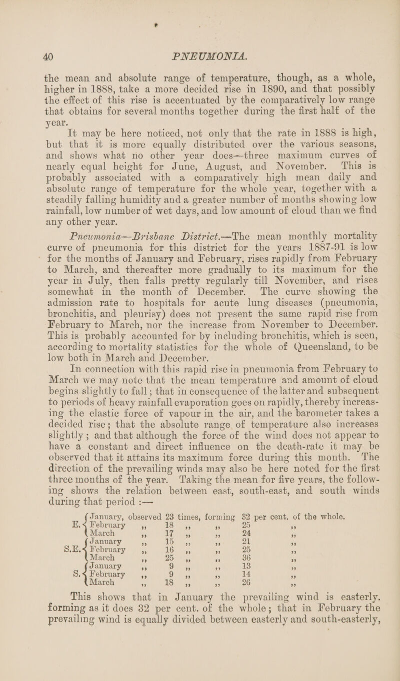 the mean and absolute range of temperature, though, as a whole, higher in 1888, take a more decided rise in 1890, and that possibly the effect of this rise is accentuated by the comparatively low range that obtains for several months together during the first half of the year. It may be here noticed, not only that the rate in 1888 is high, but that it is more equally distributed over the various seasons, and shows what no other year does—three maximum curves of nearly equal height for June, August, and November. This is probably associated with a comparatively high mean daily and absolute range of temperature for the whole year, together with a steadily falling humidity and a greater number of months showing low rainfall, low number of wet days, and low amount of cloud than we find any other year. Pneumonia—Prishane District.—The mean monthly mortality curve of pneumonia for this district for the years 1887-91 is low for the months of January and February, rises rapidly from February to March, and thereafter more gradually to its maximum for the year in July, then falls pretty regularly till November, and rises somewhat in the month of December. The curve showing the admission rate to hospitals for acute lung diseases (pneumonia, bronchitis, and pleurisy) does not present the same rapid rise from February to March, nor the increase from November to December. This is probably accounted for by including bronchitis, which is seen, according to mortality statistics for the wrhole of Queensland, to be low both in March and December. In connection with this rapid rise in pneumonia from February to March we may note that the mean temperature and amount of cloud begins slightly to fall; that in consequence of the latter and subsequent to periods of heavy rainfall evaporation goes on rapidly, thereby increas¬ ing the elastic force of vapour in the air, and the barometer takes a decided rise; that the absolute range of temperature also increases slightly; and that although the force of the wind does not appear to have a constant and direct influence on the death-rate it may be observed that it attains its maximum force during this month. The direction of the prevailing winds may also be here noted for the first three months of the year. Taking the mean for five years, the follow¬ ing shows the relation between east, south-east, and south winds during that period :— (January, observed 23 times, forming 32 per cent, of the whole. s February 59 18 „ 99 25 9 9 ( March 9 9 17 „ 9 9 24 99 (January 9 9 15 „ 99 21 99 < February 99 16 „ 99 25 9 9 ( March 9 9 25 „ 1 9 3G J 9 (January 9 » 9 ,, 9 9 13 99 \ February « 9 9 „ 99 14 99 ( March 99 18 „ 9 9 2G 99 This shows that in January the prevailing wind is easterly, forming as it does 32 per cent, of the whole; that in February the prevailing wind is equally divided between easterly and south-easterly,