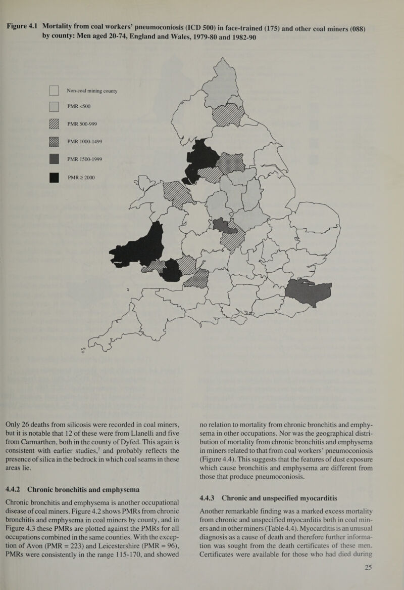 Figure 4.1 Mortality from coal workers’ pneumoconiosis (ICD 500) in face-trained (175) and other coal miners (088) by county: Men aged 20-74, England and Wales, 1979-80 and 1982-90 Only 26 deaths from silicosis were recorded in coal miners, but it is notable that 12 of these were from Llanelli and five from Carmarthen, both in the county of Dyfed. This again is consistent with earlier studies,7 and probably reflects the presence of silica in the bedrock in which coal seams in these areas lie. 4.4.2 Chronic bronchitis and emphysema Chronic bronchitis and emphysema is another occupational disease of coal miners. Figure 4.2 shows PMRs from chronic bronchitis and emphysema in coal miners by county, and in Figure 4.3 these PMRs are plotted against the PMRs for all occupations combined in the same counties. With the excep¬ tion of Avon (PMR = 223) and Leicestershire (PMR = 96), PMRs were consistently in the range 115-170, and showed no relation to mortality from chronic bronchitis and emphy¬ sema in other occupations. Nor was the geographical distri¬ bution of mortality from chronic bronchitis and emphysema in miners related to that from coal workers’ pneumoconiosis (Figure 4.4). This suggests that the features of dust exposure which cause bronchitis and emphysema are different from those that produce pneumoconiosis. 4.4.3 Chronic and unspecified myocarditis Another remarkable finding was a marked excess mortality from chronic and unspecified myocarditis both in coal min¬ ers and in other miners (Table 4.4). Myocarditis is an unusual diagnosis as a cause of death and therefore further informa¬ tion was sought from the death certificates of these men. Certificates were available for those who had died during