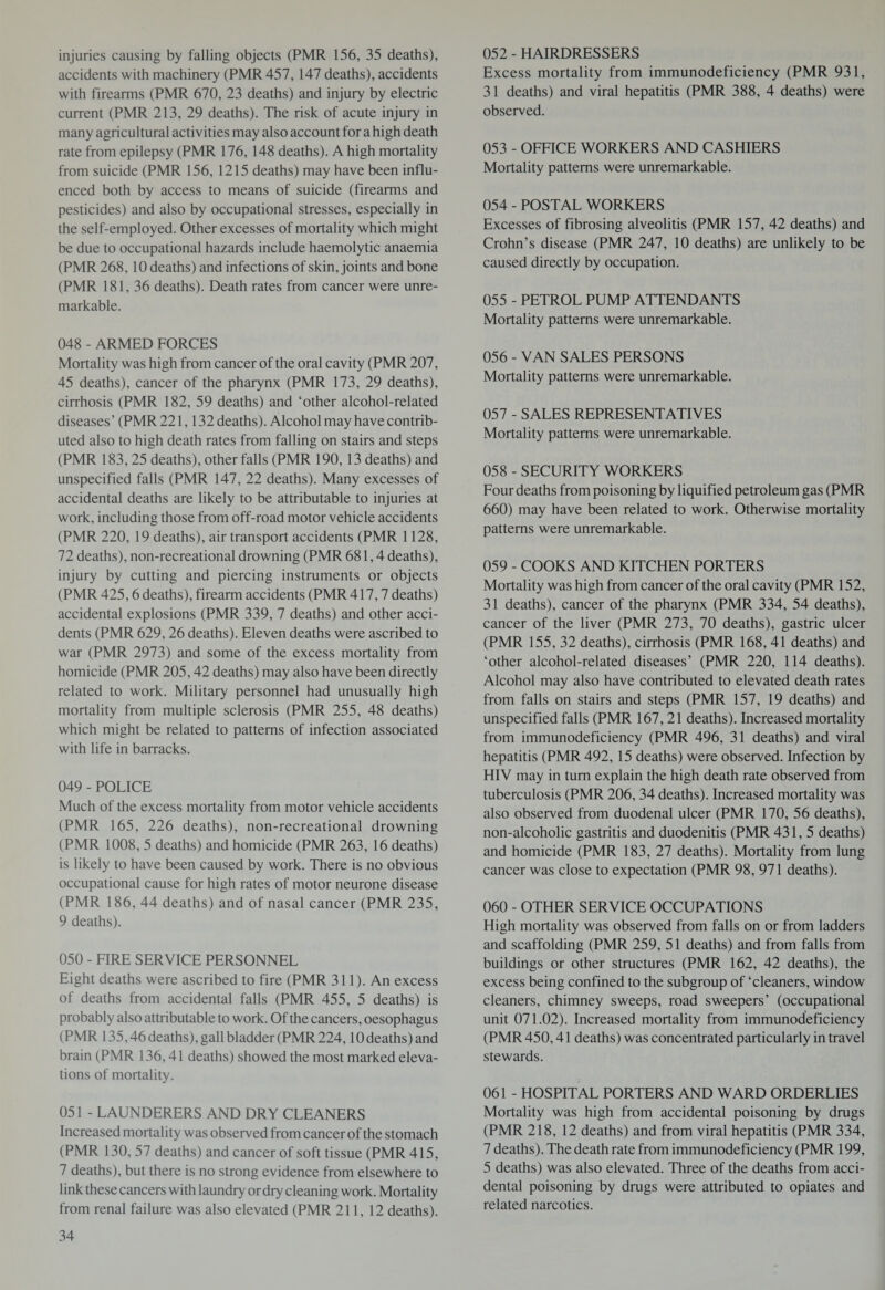 injuries causing by falling objects (PMR 156, 35 deaths), accidents with machinery (PMR 457, 147 deaths), accidents with firearms (PMR 670, 23 deaths) and injury by electric current (PMR 213, 29 deaths). The risk of acute injury in many agricultural activities may also account for a high death rate from epilepsy (PMR 176, 148 deaths). A high mortality from suicide (PMR 156, 1215 deaths) may have been influ¬ enced both by access to means of suicide (firearms and pesticides) and also by occupational stresses, especially in the self-employed. Other excesses of mortality which might be due to occupational hazards include haemolytic anaemia (PMR 268, 10 deaths) and infections of skin, joints and bone (PMR 181, 36 deaths). Death rates from cancer were unre¬ markable. 048 - ARMED FORCES Mortality was high from cancer of the oral cavity (PMR 207, 45 deaths), cancer of the pharynx (PMR 173, 29 deaths), cirrhosis (PMR 182, 59 deaths) and ‘other alcohol-related diseases’ (PMR 221,132 deaths). Alcohol may have contrib¬ uted also to high death rates from falling on stairs and steps (PMR 183, 25 deaths), other falls (PMR 190, 13 deaths) and unspecified falls (PMR 147, 22 deaths). Many excesses of accidental deaths are likely to be attributable to injuries at work, including those from off-road motor vehicle accidents (PMR 220, 19 deaths), air transport accidents (PMR 1128, 72 deaths), non-recreational drowning (PMR 681,4 deaths), injury by cutting and piercing instruments or objects (PMR 425,6 deaths), firearm accidents (PMR 417,7 deaths) accidental explosions (PMR 339, 7 deaths) and other acci¬ dents (PMR 629, 26 deaths). Eleven deaths were ascribed to war (PMR 2973) and some of the excess mortality from homicide (PMR 205,42 deaths) may also have been directly related to work. Military personnel had unusually high mortality from multiple sclerosis (PMR 255, 48 deaths) which might be related to patterns of infection associated with life in barracks. 049 - POLICE Much of the excess mortality from motor vehicle accidents (PMR 165, 226 deaths), non-recreational drowning (PMR 1008, 5 deaths) and homicide (PMR 263, 16 deaths) is likely to have been caused by work. There is no obvious occupational cause for high rates of motor neurone disease (PMR 186, 44 deaths) and of nasal cancer (PMR 235, 9 deaths). 050 - FIRE SERVICE PERSONNEL Eight deaths were ascribed to fire (PMR 311). An excess of deaths from accidental falls (PMR 455, 5 deaths) is probably also attributable to work. Of the cancers, oesophagus (PMR 135,46 deaths), gall bladder (PMR 224,10 deaths) and brain (PMR 136,41 deaths) showed the most marked eleva¬ tions of mortality. 051 - LAUNDERERS AND DRY CLEANERS I ncreased mortality was observed from cancer of the stomach (PMR 130, 57 deaths) and cancer of soft tissue (PMR 415, 7 deaths), but there is no strong evidence from elsewhere to link these cancers with laundry or dry cleaning work. Mortality from renal failure was also elevated (PMR 211, 12 deaths). 052 - HAIRDRESSERS Excess mortality from immunodeficiency (PMR 931, 31 deaths) and viral hepatitis (PMR 388, 4 deaths) were observed. 053 - OFFICE WORKERS AND CASHIERS Mortality patterns were unremarkable. 054 - POSTAL WORKERS Excesses of fibrosing alveolitis (PMR 157, 42 deaths) and Crohn’s disease (PMR 247, 10 deaths) are unlikely to be caused directly by occupation. 055 - PETROL PUMP ATTENDANTS Mortality patterns were unremarkable. 056 - VAN SALES PERSONS Mortality patterns were unremarkable. 057 - SALES REPRESENTATIVES Mortality patterns were unremarkable. 058 - SECURITY WORKERS Four deaths from poisoning by liquified petroleum gas (PMR 660) may have been related to work. Otherwise mortality patterns were unremarkable. 059 - COOKS AND KITCHEN PORTERS Mortality was high from cancer of the oral cavity (PMR 152, 31 deaths), cancer of the pharynx (PMR 334, 54 deaths), cancer of the liver (PMR 273, 70 deaths), gastric ulcer (PMR 155, 32 deaths), cirrhosis (PMR 168, 41 deaths) and ‘other alcohol-related diseases’ (PMR 220, 114 deaths). Alcohol may also have contributed to elevated death rates from falls on stairs and steps (PMR 157, 19 deaths) and unspecified falls (PMR 167, 21 deaths). Increased mortality from immunodeficiency (PMR 496, 31 deaths) and viral hepatitis (PMR 492, 15 deaths) were observed. Infection by HIV may in turn explain the high death rate observed from tuberculosis (PMR 206, 34 deaths). Increased mortality was also observed from duodenal ulcer (PMR 170, 56 deaths), non-alcoholic gastritis and duodenitis (PMR 431, 5 deaths) and homicide (PMR 183, 27 deaths). Mortality from lung cancer was close to expectation (PMR 98, 971 deaths). 060 - OTHER SERVICE OCCUPATIONS High mortality was observed from falls on or from ladders and scaffolding (PMR 259, 51 deaths) and from falls from buildings or other structures (PMR 162, 42 deaths), the excess being confined to the subgroup of ‘cleaners, window cleaners, chimney sweeps, road sweepers’ (occupational unit 071.02). Increased mortality from immunodeficiency (PMR 450,41 deaths) was concentrated particularly in travel stewards. 061 - HOSPITAL PORTERS AND WARD ORDERLIES Mortality was high from accidental poisoning by drugs (PMR 218, 12 deaths) and from viral hepatitis (PMR 334, 7 deaths). The death rate from immunodeficiency (PMR 199, 5 deaths) was also elevated. Three of the deaths from acci¬ dental poisoning by drugs were attributed to opiates and related narcotics.