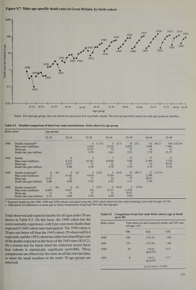 Death rates per million (Log) Figure 9.7 Male age-specific death rates in Great Britain, by birth cohort Table 9.4 Detailed comparison of latest four male mesothelioma birth cohorts by age-group Birth cohort Age-groups 15-19 20-24 25-29 30-34 35-39 40-44 45-49 1940 Deaths (expected)* 4 (L7)+ 5 (5.7) 18 (27) 62 (65.2) 160 (132.0)+ Man-years (millions) 5.042 8.218 8.075 7.958 7.486 Mean age 27.67 32 37 42 47 Death rate (per million) 0.79 0.61 2.23 7.79 21.37 1945 Deaths 0 3 7 33 77 31 Man-years (millions) 6.322 10.161 10.038 9.88 9.399 2.139 Mean age 22.67 27 32 37 42 45.67 Death rate (per million) 0.00 0.30 0.70 3.34 8.19 14.50 1950 Deaths (expected)* 0 (0) 0 (0) 4 (2.8) 4 (6.6) 19 (30.1) 12 (15.1)+ Man-years (millions) 6 9.728 9.634 9.454 9.012 2.309 Mean age 17.67 22 27 32 37 40.67 Death rate (per million) 0.00 0.00 0.42 0.42 2.11 5.20 1955 Deaths (expected)* 1 (0) 0 (0) 1 (2.8) 4 (6.4) 2 (5.0)+ Man-years (millions) 9.824 9.827 9.6 9.137 2.224 Mean age 17 22 27 32 35.67 Death rate ( per million) 0.10 0.00 0.10 0.44 0.90 * Expected deaths for the 1940, 1950 and 1955 cohorts calculated using the 1945 cohort observed rates (and assuming a zero rate for ages 15-19). + Adjustment for differences in mean age by linear interpolation using log(1945 rate) and log(age). Total observed and expected deaths for all ages under 50 are shown in Table 9.5. On this basis, the 1940 cohort has the worst mortality experience, with 8 per cent more deaths than expected if 1945 cohort rates had applied. The 1950 cohort is 29 per cent better off than the 1945 cohort (39 observed/54.6 expected), and the 1955 cohort has rather less than 60 per cent of the deaths expected on the basis of the 1945 rates (8/14.2). On a formal test for linear trend the reduction across these four cohorts is statistically significant (p=0.006). These comparisons are effectively the same on all the relevant data, or when the small numbers in the under 30 age-groups are removed. Table 9.5 Comparison of last four male birth cohorts (age at death up to 50) Birth cohort Total observed and (expected) deaths and O/E ratio All ages <50 Obs Exp O/E 1940 249 (231.6) 1.08 1945 151 (151.0) 1.00 1950 39 (54.6) [p=0.01] 0.71 1955 8 (14.2) [p=0.03] 0.57 [p for trend = 0.006]