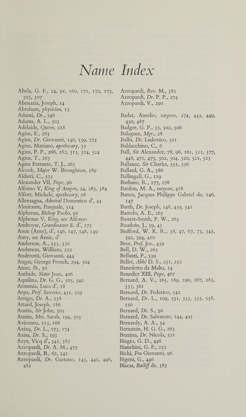 Name Index Abcla, G. F., 24, 91, 160, 171, 172, 175, 503, 507 Abenazia, Joseph, 14 Abraham, physician, 13 Adami, Dr., 546 Adams, A. L., 503 Adelaide, Queen, 218 Agius, E., 263 Agius, Dr. Giovanni, 146, 159, 274 Agius, Mariano, apothecary, 35 Agius, P. P., 266, 282, 315, 324, 524 Agius, T., 263 Agius Ferrante, T. J., 265 Alcock, Major W. Broughton, 189 Aldieri, C., 535 Alexander VII, Pope, 96 Alfonso V, King of Aragon, 24, 285, 384 Alfort, Michele, apothecary, 28 Allemagna, Admiral Domenico d’, 44 Almirante, Pasquale, 514 Alpheran, Bishop Paolo, 91 Alphonse V, King, see Alfonso Amboyse, Grandmaster E. d’, 273 Amic (Amy), d’, 146, 147, 148, 149 Amy, see Amic, d’ Anderson, A., 235, 356 Anderson, William, 252 Andreotti, Giovanni, 444 Angas, George French, 294, 504 Anne, St., 30 Anthide, Sister Joan, 406 Aquilina, Dr. G. G., 505, 540 Armenia, Luca d’, 18 Arpa, Prof. Saverio, 451, 529 Arrigo, Dr. A., 258 Attard, Joseph, 186 Austin, Szr John, 305 Austin, Mrs. Sarah, 194, 305 Avicenna, 115, 168 Axiaq, Dr. L., 173, 174 Axisa, Dr. S., 193 Azyr, Vicq d\ 341, 385 Azzopardi, Dr. A. M., 475 Azzopardi, B., 62, 341 Azzopardi, Dr. Gaetano, 143, 441, 446, 482 Azzopardi, Rev. M., 382 Azzopardi, Dr. P. P., 274 Azzopardi, V., 290 Badat, Aurelio, surgeon, 274, 445, 449, 450, 487 Badger, G. P., 35, 302, 506 Balaguer, Mgr., 28 Balbi, Dr. Ludovico, 521 Baldacchino, C., 6 Ball, Sir Alexander, 78, 96, 161, 311, 377, 448, 471, 473, 502, 504, 520, 521, 523 Ballance, Sir Charles, 551, 556 Ballard, G. A., 386 Ballingall, G., 119 Barbaro, R., 277, 278 Bardon, M. A., surgeon, 478 Barres, Jacques Philippe Gabriel de, 146, 147 Barth, Dr. Joseph, 148, 459, 541 Bartolo, A. E., 263 Bassett-Smith, P. W., 265 Baudoin, J., 39, 43 Bedford, W. K. R., 38, 47, 67, 73, 343, 392, 394, 410 Beer, Proj. Jos., 459 Bell, D. W., 265 Bellanti, P., 339 Bellet, Abbe D. S., 251, 252 Benedetto da Malta, 14 Benedict XIII, Pope, 467 Bernard, A. V., 165, 189, 190, 267, 283, 335, 561 Bernard, Dr. Federico, 542 Bernard, Dr. L., 109, 531, 533, 535, 538, 550 Bernard, Dr. S., 30 Bernard, Dr. Salvatore, 144, 493 Bernardy, A. A., 34 Bernstein, H. G. G., 263 Bezzina, Dr. Nicola, 521 Biagio, G. D., 446 Bianchini, G. F., 252 Bichi, Fra Giovanni, 96 Bigeni, G., 446 Blacas, Bailiff de, 383