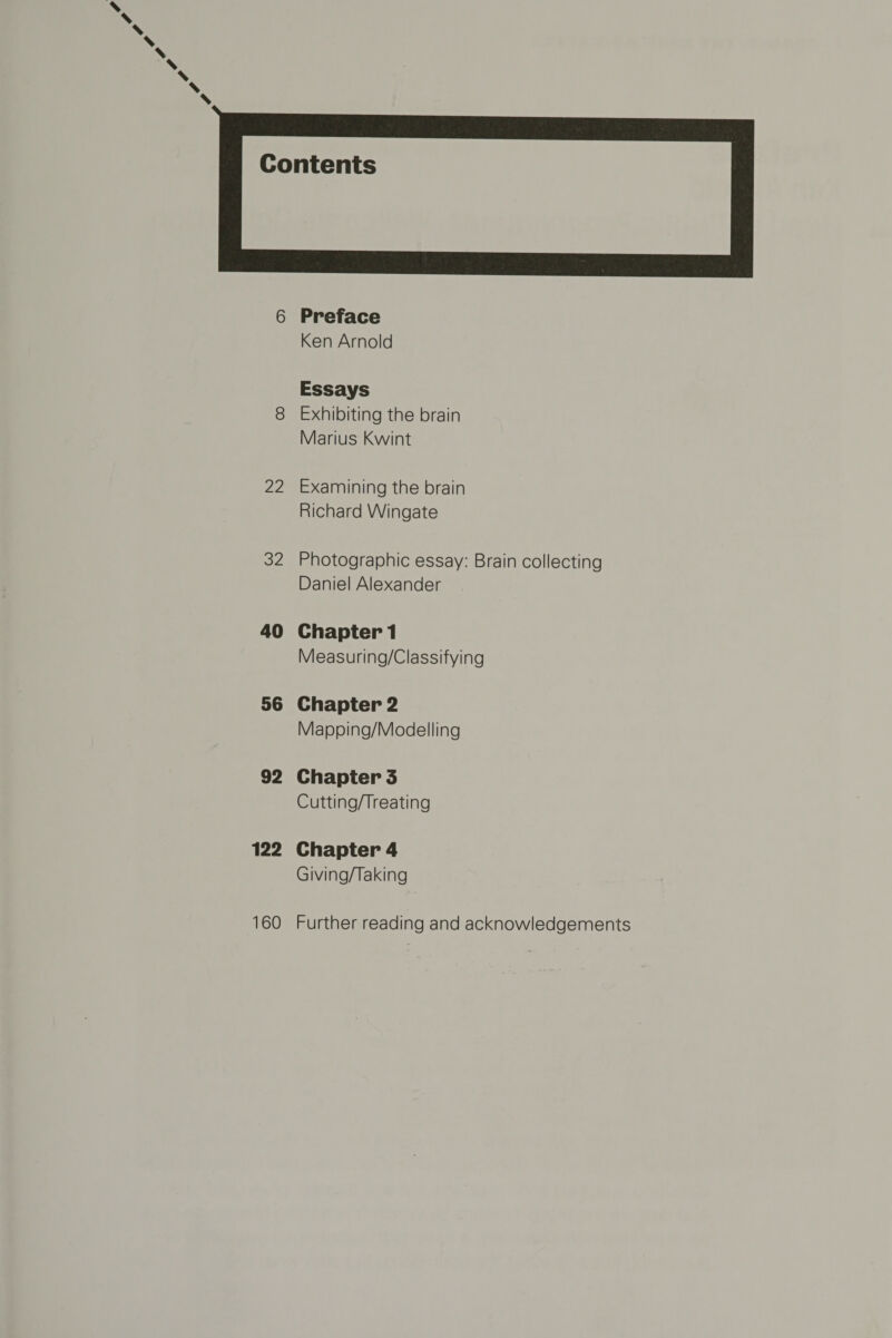 Contents 6 Preface Ken Arnold Essays 8 Exhibiting the brain Marius Kwint 22 Examining the brain Richard Wingate 32 Photographic essay: Brain collecting Daniel Alexander 40 Chapter 1 Measuring/Classifying 56 Chapter 2 Mapping/Modelling 92 Chapter 3 Cutting/Treating 122 Chapter 4 Giving/Taking 160 Further reading and acknowledgements