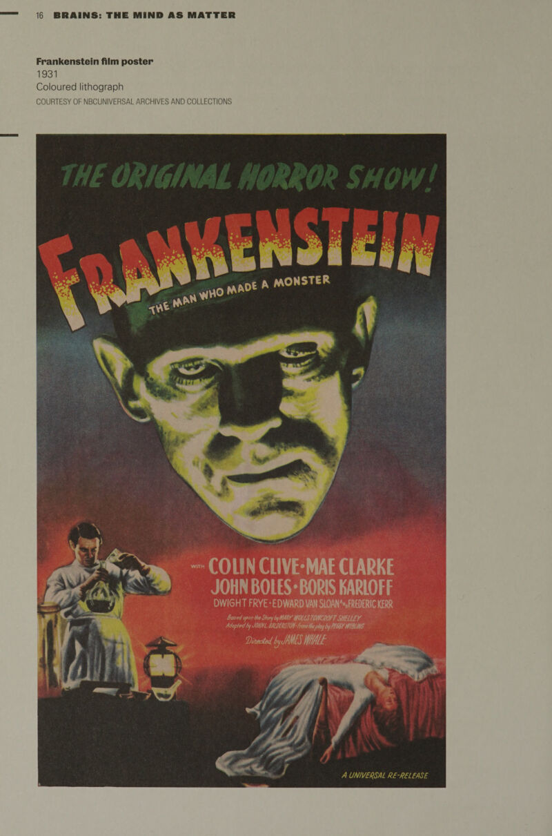 Frankenstein film poster 1931 Coloured lithograph COURTESY OF NBCUNIVERSAL ARCHIVES AND COLLECTIONS A MONSTER . • & COLIN CLIVE-MAE CLARKE JOHN BOLES• BORIS KARLOFF DWIGHT FRYE- EDWARD VAN $LOAN\FREDERIC KERR Based upon H* Story by MAW POLLS TONCROfT SHELLEY Adoptedhf johnl sAimm-fomtkpkytymrmm Di/iecta{ byJAMfS A/ffAtt A UNIVERSAL RE-RELEASE