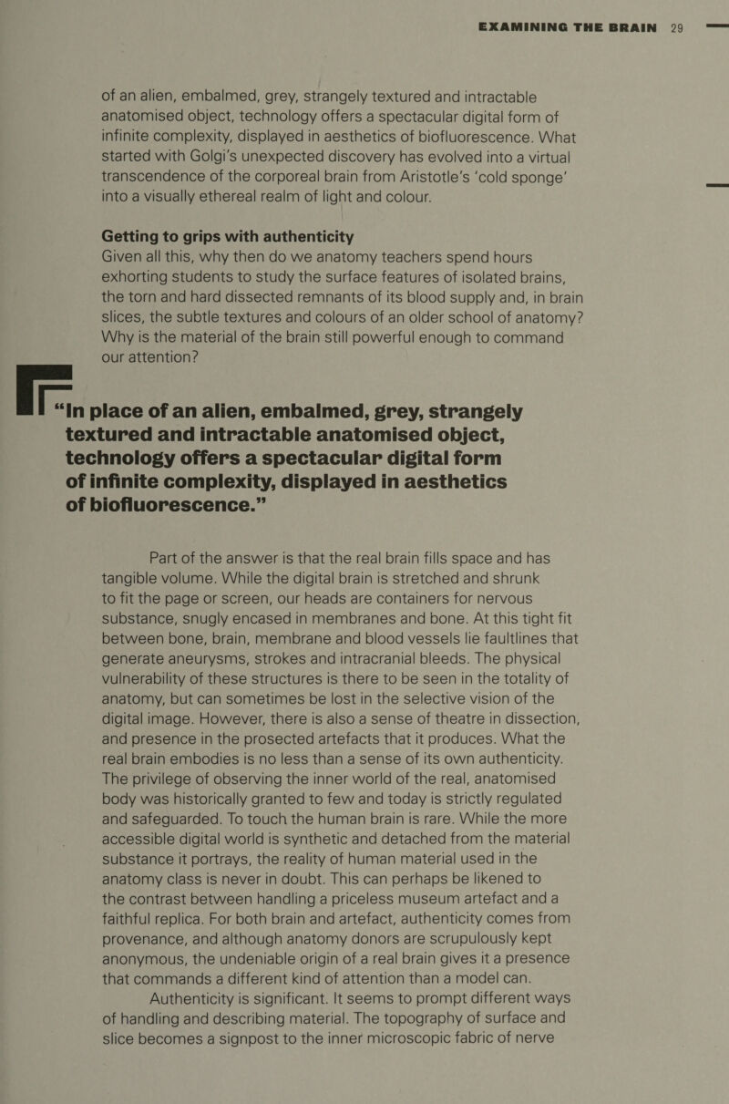 of an alien, embalmed, grey, strangely textured and intractable anatomised object, technology offers a spectacular digital form of infinite complexity, displayed in aesthetics of biofluorescence. What started with Golgi's unexpected discovery has evolved into a virtual transcendence of the corporeal brain from Aristotle's 'cold sponge' into a visually ethereal realm of light and colour. Getting to grips with authenticity Given all this, why then do we anatomy teachers spend hours exhorting students to study the surface features of isolated brains, the torn and hard dissected remnants of its blood supply and, in brain slices, the subtle textures and colours of an older school of anatomy? Why is the material of the brain still powerful enough to command our attention? “In place of an alien, embalmed, grey, strangely textured and intractable anatomised object, technology offers a spectacular digital form of infinite complexity, displayed in aesthetics of biofluorescence.” Part of the answer is that the real brain fills space and has tangible volume. While the digital brain is stretched and shrunk to fit the page or screen, our heads are containers for nervous substance, snugly encased in membranes and bone. At this tight fit between bone, brain, membrane and blood vessels lie faultlines that generate aneurysms, strokes and intracranial bleeds. The physical vulnerability of these structures is there to be seen in the totality of anatomy, but can sometimes be lost in the selective vision of the digital image. However, there is also a sense of theatre in dissection, and presence in the prosected artefacts that it produces. What the real brain embodies is no less than a sense of its own authenticity. The privilege of observing the inner world of the real, anatomised body was historically granted to few and today is strictly regulated and safeguarded. To touch the human brain is rare. While the more accessible digital world is synthetic and detached from the material substance it portrays, the reality of human material used in the anatomy class is never in doubt. This can perhaps be likened to the contrast between handling a priceless museum artefact and a faithful replica. For both brain and artefact, authenticity comes from provenance, and although anatomy donors are scrupulously kept anonymous, the undeniable origin of a real brain gives it a presence that commands a different kind of attention than a model can. Authenticity is significant. It seems to prompt different ways of handling and describing material. The topography of surface and slice becomes a signpost to the inner microscopic fabric of nerve