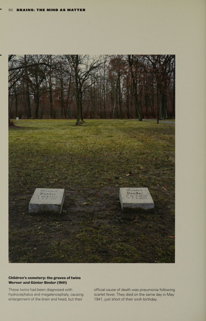 Children’s cemetery: the graves of twins Werner and Gunter Binder (1941) These twins had been diagnosed with hydrocephalus and megalencephaly, causing enlargement of the brain and head, but their official cause of death was pneumonia following scarlet fever. They died on the same day in May 1941, just short of their sixth birthday.