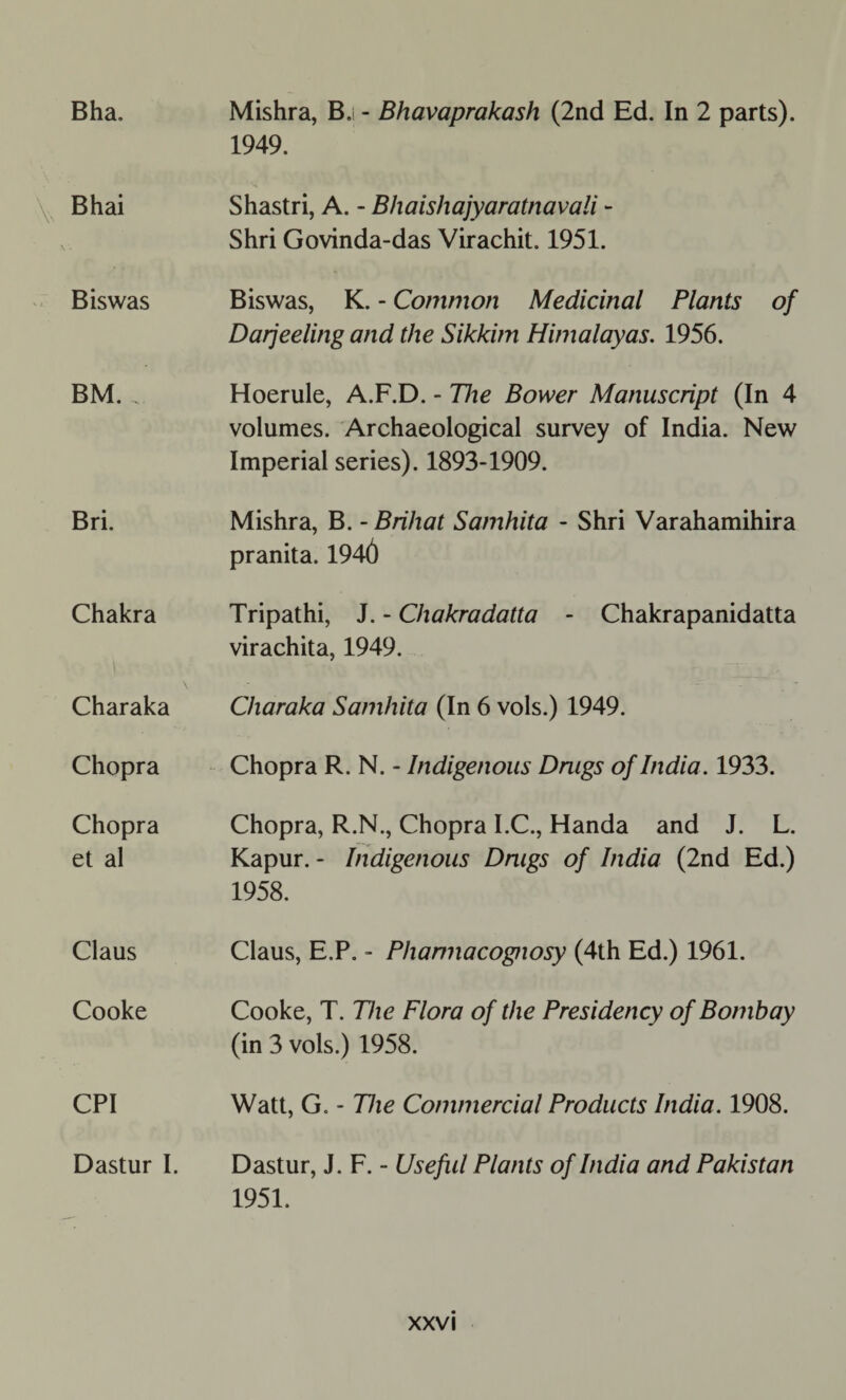 Bha. Bhai Biswas BM. Bri. Chakra Charaka Chopra Chopra et al Claus Cooke CPI Dastur I. Mishra, B. - Bhavaprakash (2nd Ed. In 2 parts). 1949. Shastri, A. - Bhaishajyaratnavali - Shri Govinda-das Virachit. 1951. Biswas, K. - Common Medicinal Plants of Darjeeling and the Sikkim Himalayas. 1956. Hoerule, A.F.D. - The Bower Manuscript (In 4 volumes. Archaeological survey of India. New Imperial series). 1893-1909. Mishra, B. - Briliat Samhita - Shri Varahamihira pranita. 1946 Tripathi, J. - Chakradatta - Chakrapanidatta virachita, 1949. Charaka Samhita (In 6 vols.) 1949. Chopra R. N. - Indigenous Drugs of India. 1933. Chopra, R.N., Chopra I.C., Handa and J. L. Kapur.- Indigenous Drugs of India (2nd Ed.) 1958. Claus, E.P. - Pharmacognosy (4th Ed.) 1961. Cooke, T. The Flora of the Presidency of Bombay (in 3 vols.) 1958. Watt, G. - The Commercial Products India. 1908. Dastur, J. F. - Useful Plants of India and Pakistan 1951.