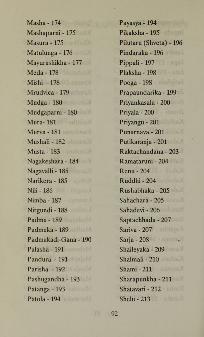 Masha -174 Mashaparni -175 Masura - 175 Matulunga - 176 Mayurashikha -177 Meda -178 Mishi -178 Mrudvica -179 Mudga -180 Mudgaparni -180 Mura-181 Murva - 181 Mushali - 182 Musta - 183 Nagakeshara - 184 Nagavalli -185 Narikera -185 Nili - 186 Nimba - 187 Nirgundi -188 Padma -189 Padmaka -189 Padmakadi-Gana - 190 Palasha - 191 Pandura -191 Parisha - 192 Pashugandha - 193 Patanga - 193 Patola * 194 Payasya -194 Pikaksha -195 Pilutaru (Shveta) -196 Pindaraka -196 Pippali -197 Plaksha -198 Pooga -198 Prapaundarika -199 Priyankasala - 200 Priyala - 200 Priyangu - 201 Punarnava - 201 Putikaranja - 201 Raktachandana - 203 Ramataruni - 204 Renu - 204 Ruddhi - 204 Rushabhaka - 205 Sahachara - 205 Sahadevi - 206 Saptachhada - 207 Sariva - 207 Sarja - 208 Shaileyaka - 209 Shalmali - 210 Shami - 211 Sharapunkha - 211 Shatavari - 212 Shelu - 213