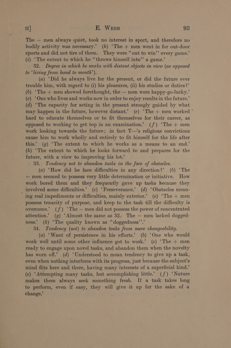 The — men always quiet, took no interest in sport, and therefore no bodily activity was necessary.’ (h) ‘The + men went in for out-door - sports and did not tire of them. They were “out to win’’ every game.’ (7) “The extent to which he “throws himself into’’ a game.’ 32. Degree in which he works with distant objects in view (as opposed to ‘living from hand to mouth’). (a) ‘Did he always live for the present, or did the future ever trouble him, with regard to (i) his pleasures, (ii) his studies or duties?’ (b) ‘The + men showed forethought, the — men were happy-go-lucky.’ (c) ‘One who lives and works now in order to enjoy results in the future.’ (d) “The capacity for acting in the present strongly guided by what may happen in the future, however distant.’ (e) ‘The + men worked ° hard to educate themselves or to fit themselves for their career, as opposed to working to get top in an examination.’ (f) ‘The + men work looking towards the future; in fact T—’s religious convictions cause him to work wholly and entirely to fit himself for the life after this.’ (g) ‘The extent to which he works as a means to an end.’ _(h) *The extent to which he looks forward to and prepares for the future, with a view to improving his lot.’ . 83. Tendency not to abandon tasks in the face of obstacles. (a) ‘How did he face difficulties in any direction?’ (b) ‘The — men seemed to possess very little determination or initiative. How work bored them and they frequently gave up tasks because they involved some difficulties.’ (c) ‘Perseverance.’ (d) “Obstacles mean- ing real impediments or difficulties, mainly exterior.’ (e) ‘The + men possess tenacity of purpose, and keep to the task till the difficulty is overcome. (f) ‘The — men did not possess the power of concentrated attention.’ (g) ‘Almost the same as 32.. The — men lacked dogged- ness.’ (hk) “The quality known as “doggedness’’.’ 34. Tendency (not) to abandon tasks from mere changeability. (a) ‘Want of persistence in his efforts.’ (b) ‘One who would work well until some other influence got to work.’ (c) “The + men ready to engage upon novel tasks, and abandon them when the novelty has worn off.’ (d) ‘Understood to mean tendency to give up a task, even when nothing interferes with its progress, just because the subject’s mind flits here and there, having many interests of a superficial kind.’ (e) ‘Attempting many tasks, but accomplishing little. (jf) ‘Nature makes them always seek something fresh. If a task takes long to perform, even if easy, they will give it up for the sake of a change.’