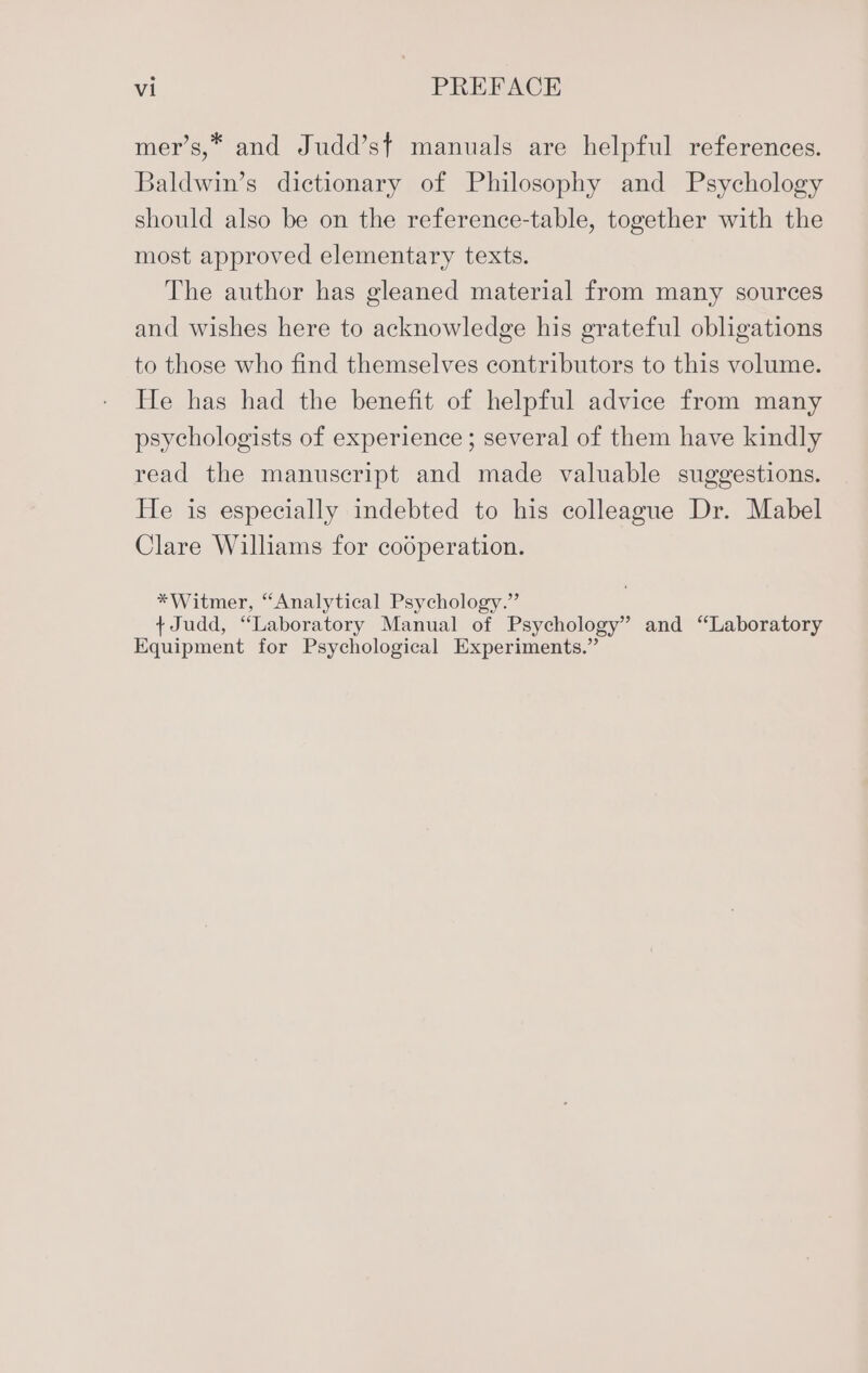 mer’s,* and Judd’st manuals are helpful references. Baldwin’s dictionary of Philosophy and Psychology should also be on the reference-table, together with the most approved elementary texts. The author has gleaned material from many sources and wishes here to acknowledge his grateful obligations to those who find themselves contributors to this volume. He has had the benefit of helpful advice from many psychologists of experience ; several of them have kindly read the manuscript and made valuable suggestions. He is especially indebted to his colleague Dr. Mabel Clare Willams for cooperation. *Witmer, “Analytical Psychology.” +Judd, “Laboratory Manual of Psychology” and “Laboratory Equipment for Psychological Experiments.”